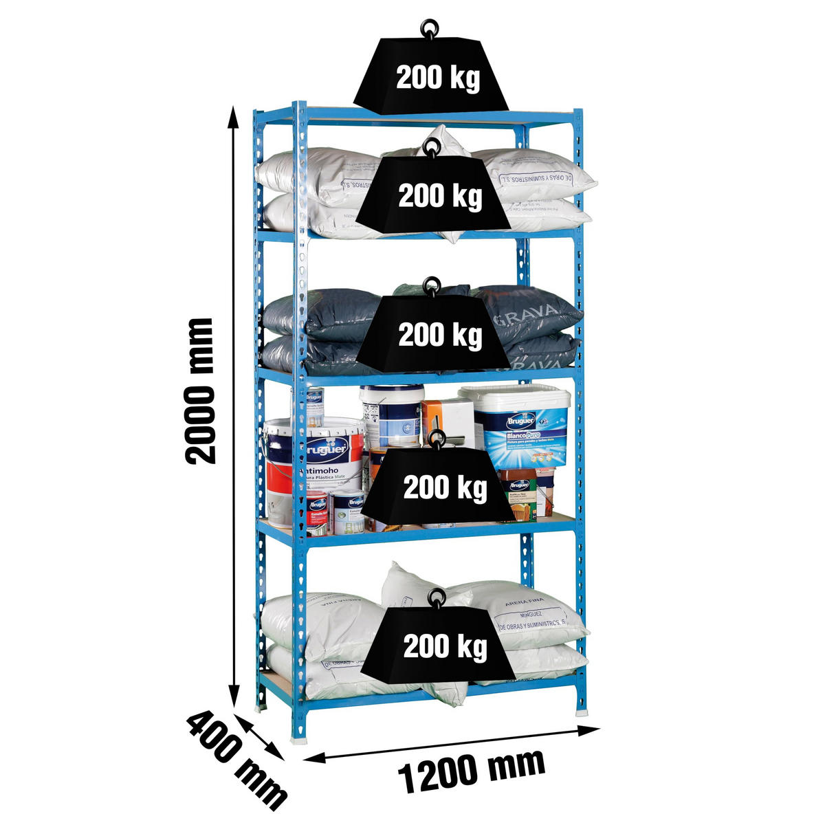 SCHWERLASTREGAL Big Muli HxBxT 200 x 120 x 40 cm 5 Fachböden Fachlast 200 kg Blau - Blau, Metall (120/200/40cm) - PROREGAL