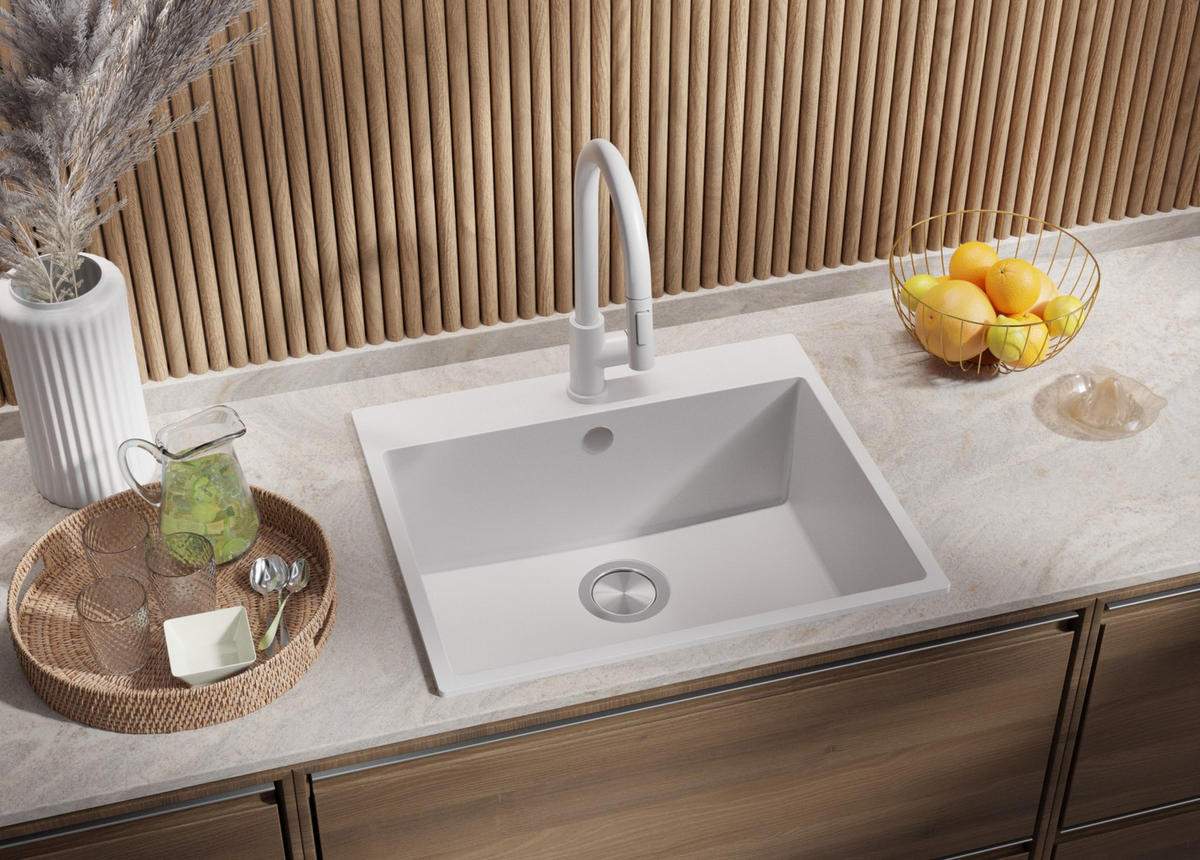 GRANITSPÜLE Riga, 2-er set Weiß 58/50 cm 1 Becken + Küchenarmatur 32/20 cm + Ablauf-Set ab 60er Unterschrank - Chromfarben/Weiß, Kunststoff (58/20/50cm) - Primagran