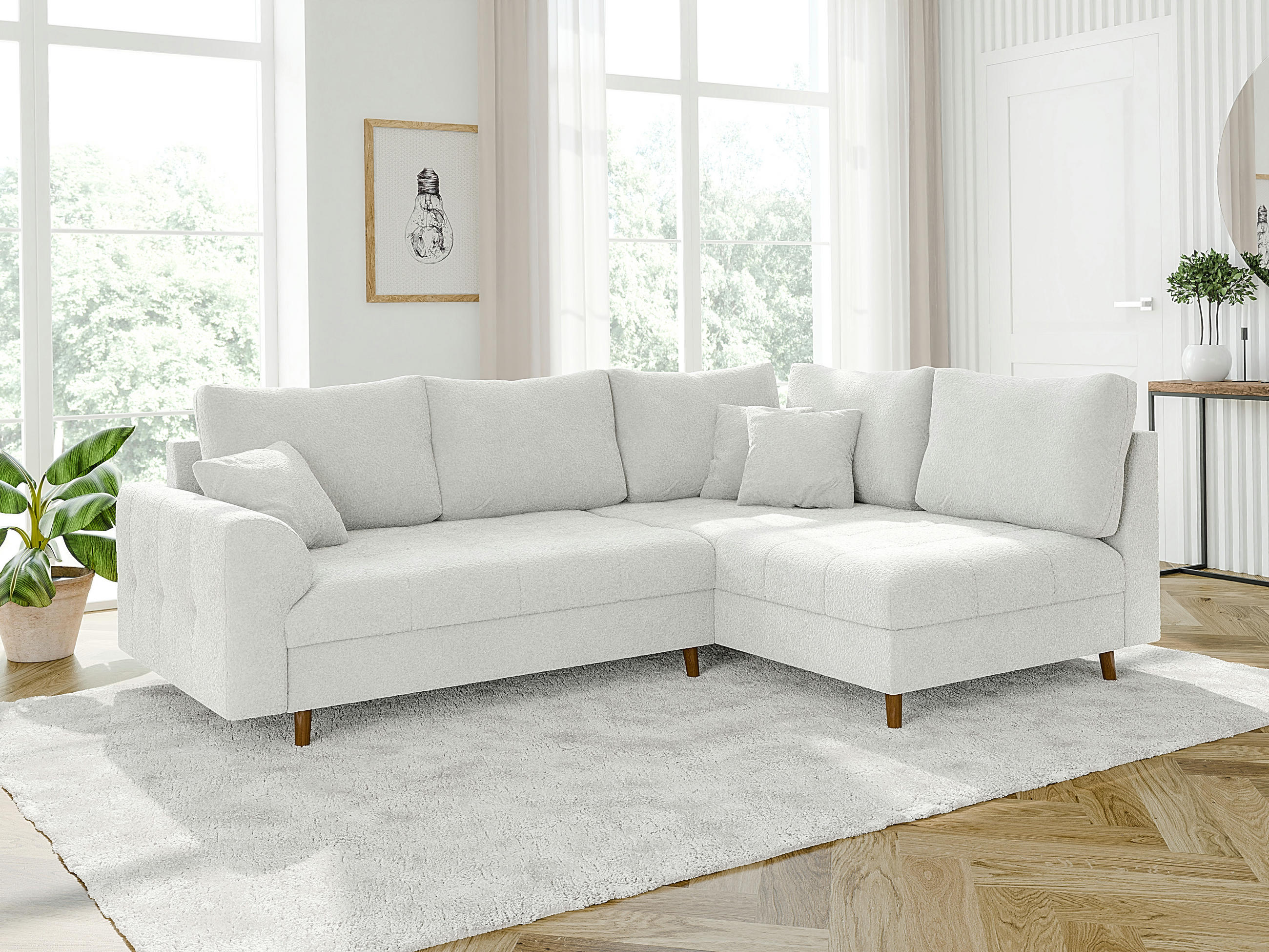 ECKSOFA Henrik Weiß Boucle - Ottomane rechts - Weiß/Braun, Holz/Textil (231/161cm) - S-Style Möbel