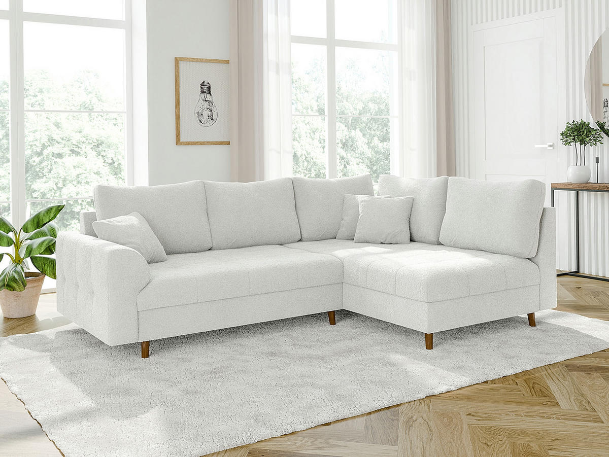 ECKSOFA inkl. Hocker Henrik Weiß Boucle - Ottomane rechts - Weiß/Braun, Holz/Textil (231/161cm) - S-Style Möbel