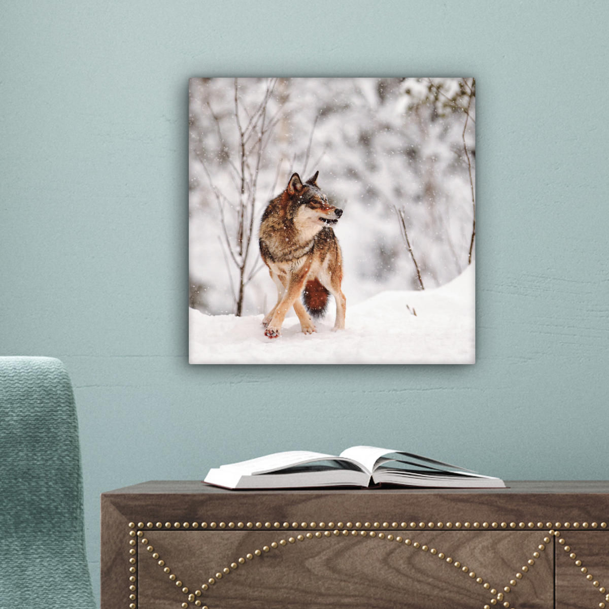 LEINWANDBILD Wolf - Winter - Schnee - Natur - Tiere Deko Wohnzimmer 20x20 cm - Haselnussfarben, Textil (20/20cm) - MuchoWow
