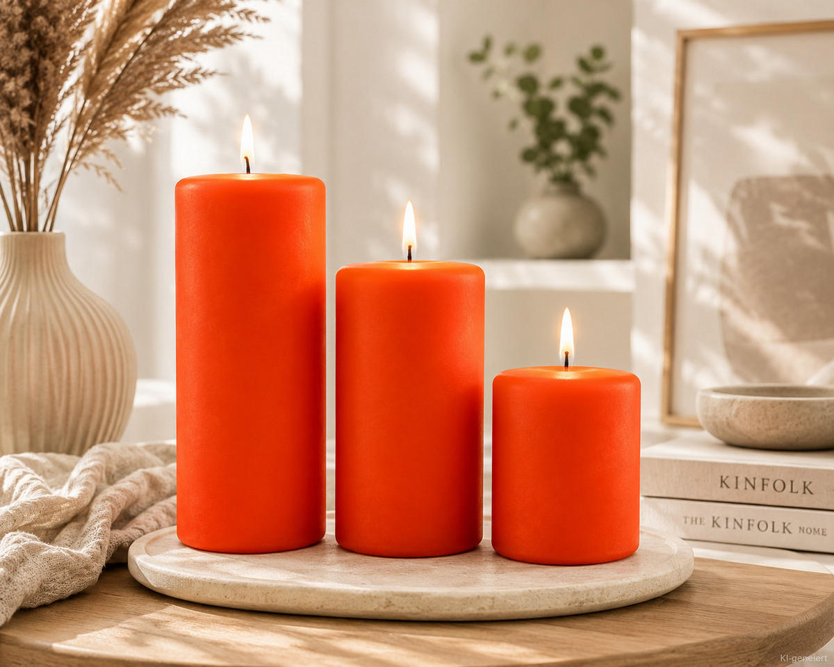 STUMPENKERZEN Samt-Lack Inka Orange 12 x 6 cm, 4er Set - Orange, Paraffin (6/12/12cm) - Kopschitz Kerzen