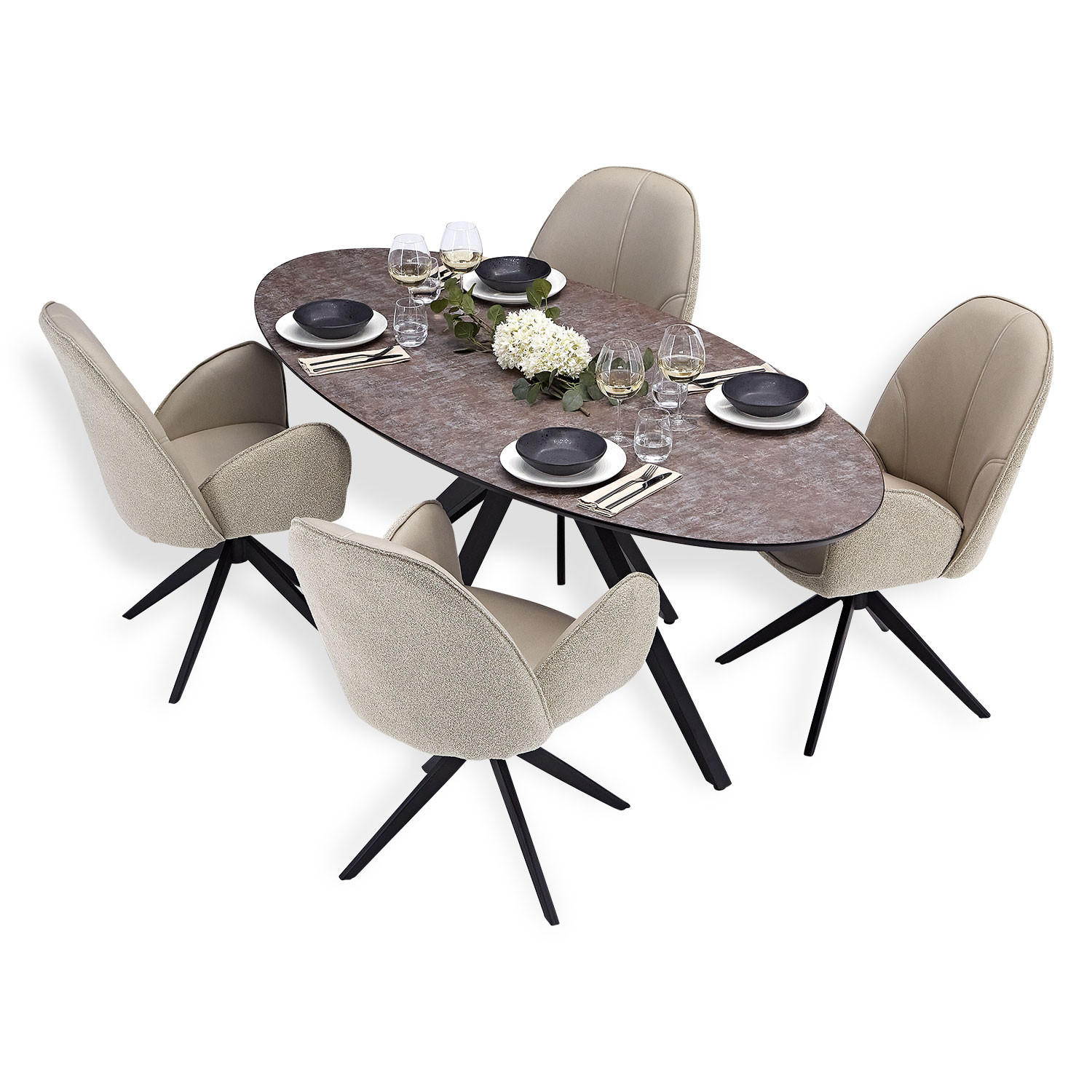 TISCHGRUPPE oval schwarz mit 4 Stühle Beige - Beige, Metall (95/90/200cm) - Homestyle4u