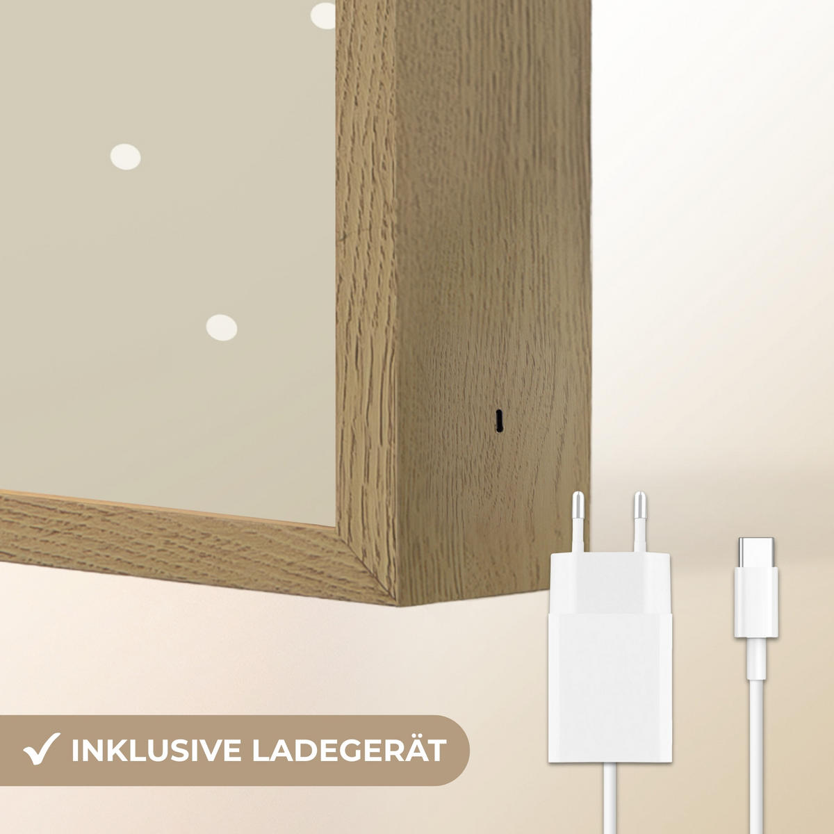 NÁSTĚNNÁ LAMPA S AKUMULÁTOREM Jednorožec - bílý - tečky 40x30 cm - šedohnědá, kompozitní dřevo (40/30/8cm) - OnlyWow