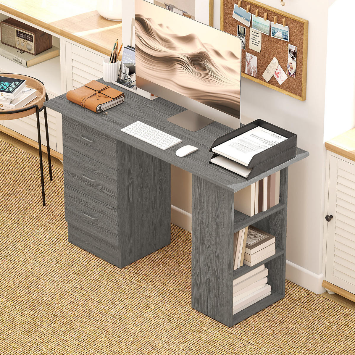 SCHREIBTISCH Grau mit 3 Schubladen und 3 Regalfächern 120/49/72 cm - Grau, Holzwerkstoff (49/120/72cm) - PANGIVO