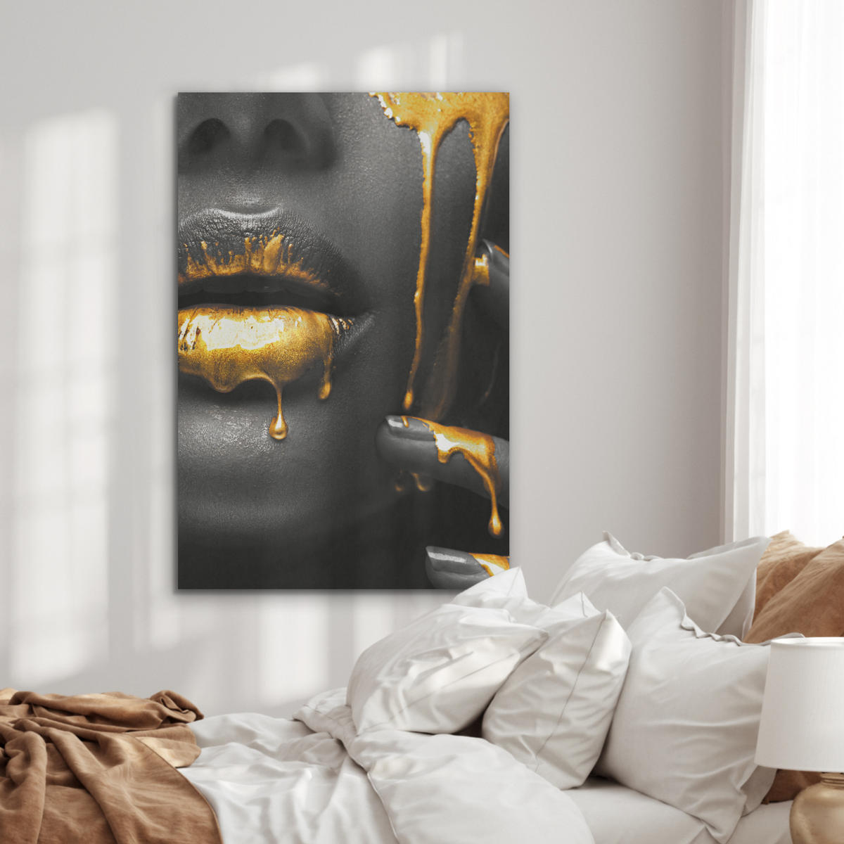 AKUSTIKBILD Frau - Schwarz - Gold - Gesicht - Lippen Wanddeko 60x90 cm - Goldfarben, Kunststoff (60/90/0.9cm) - MuchoWow