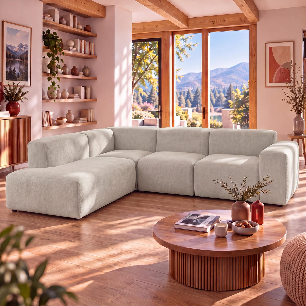 4-SITZER modulares Ecksofa HEAVEN SET 2 Links, Breite 300 cm Webstoff Olivgrün - Schwarz/Olivgrün, Holz/Kunststoff (300/245cm) - Muffo