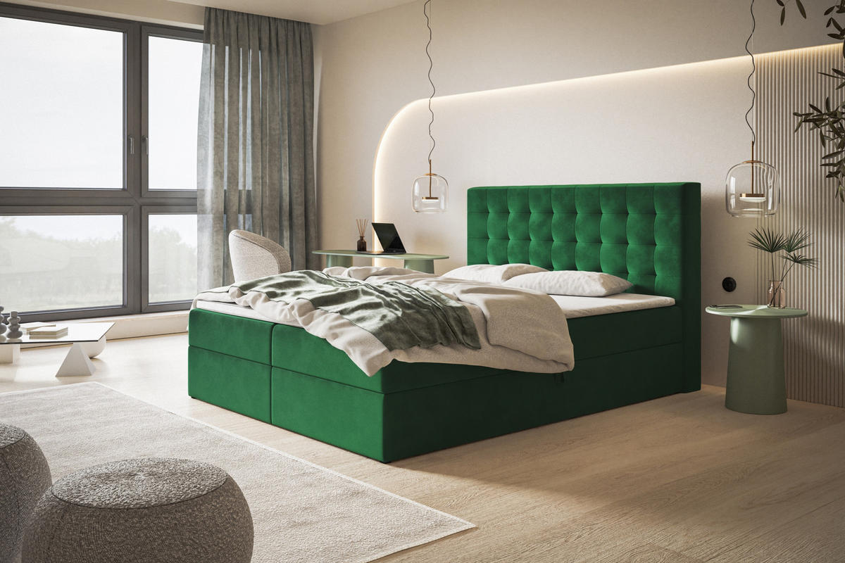 BOXBETT RIO mit 2 Bettkästen, 120x200, Farbe: Grün, Velourstoff, Doppelbett mit Bonell-Matratze - Grün, Holz/Kunststoff (120/200cm) - Alpi-Möbel