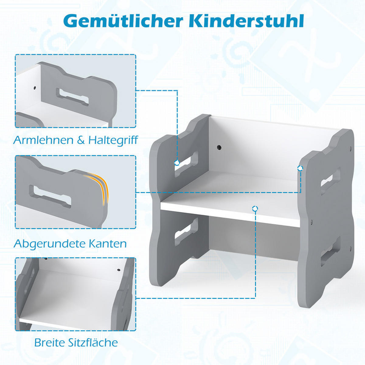 KINDERTISCH mit 2 Stühlen grau(3-tlg) - Grau, Holzwerkstoff (68/52/39cm) - COSTWAY