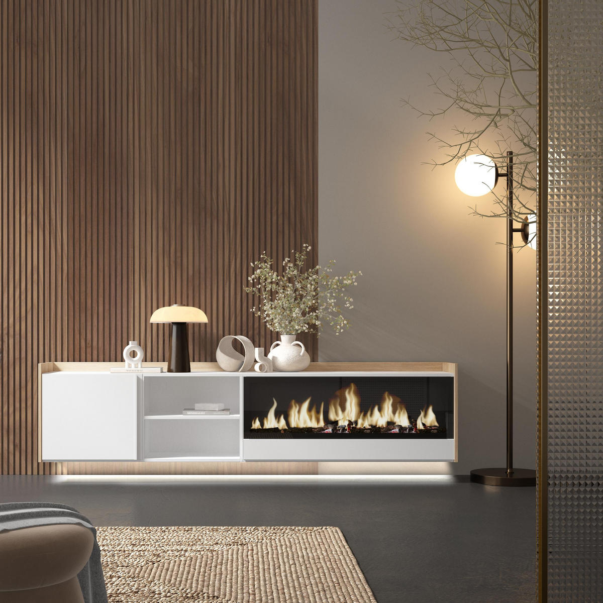 LOWBOARD, Weiß und Eiche, 212/35/50cm, Kamin mit Feuereffekt XXL - Weiß, Holzwerkstoff (212/50/35cm) - Skraut Home