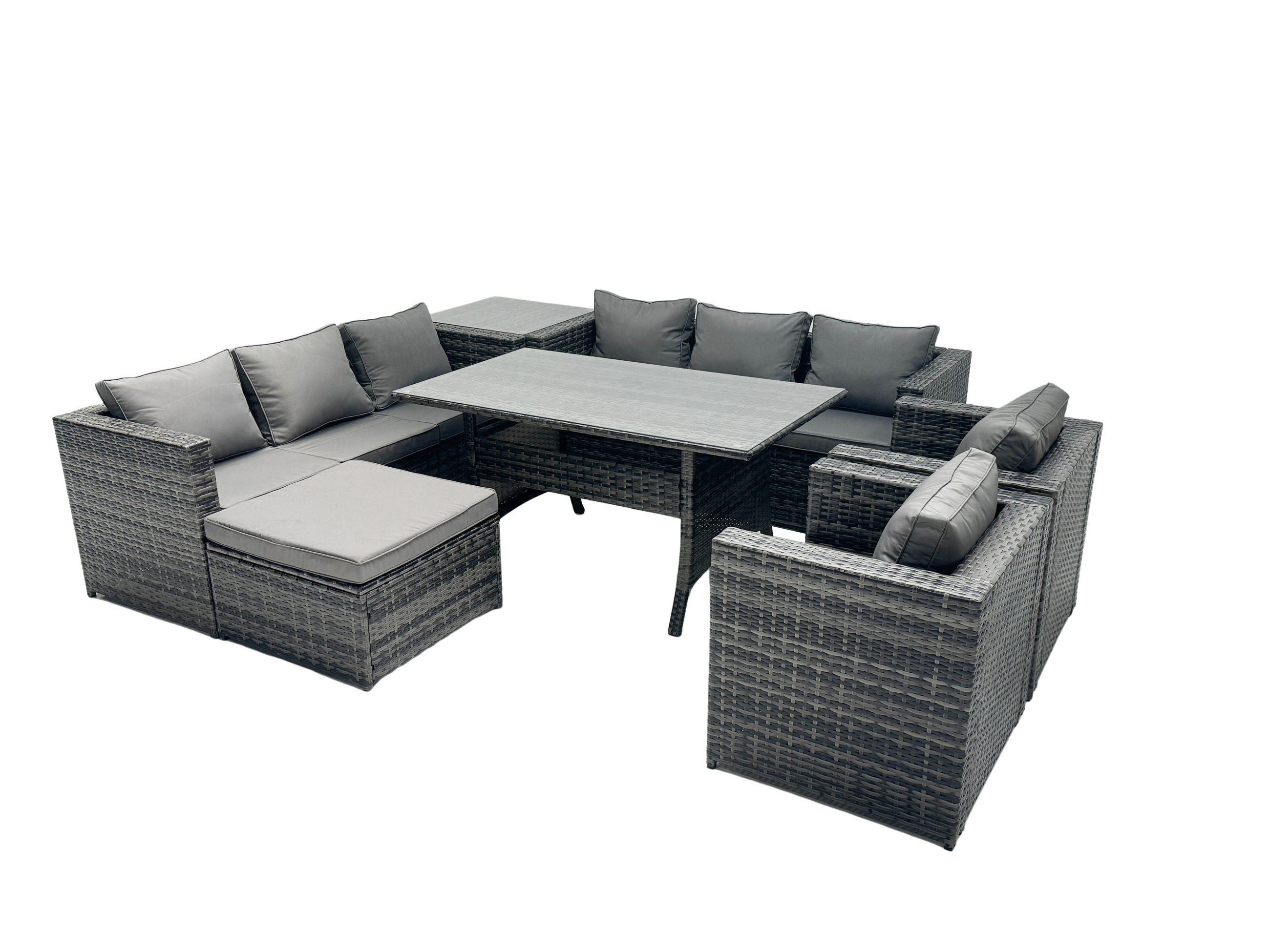 SITZGRUPPE mit Beistelltisch,Hocker Polyrattan Dunkelgrau 9-Sitzer - Dunkelgrau/Grau, Glas/Kunststoff - Fimous