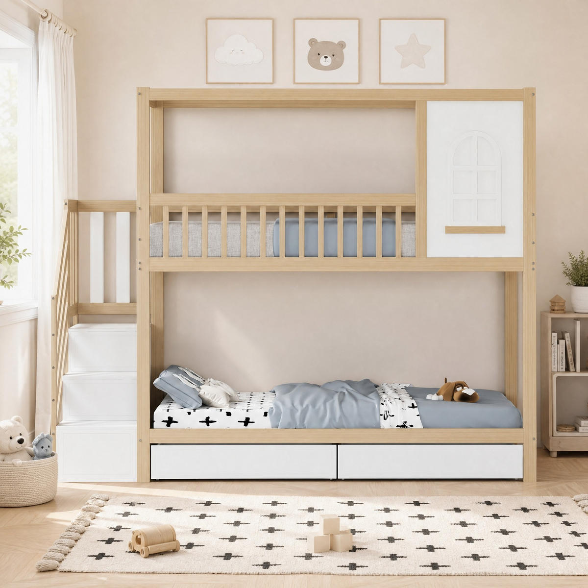 ETAGENBETT 90/200 mit Sicherheitsleiter und Aufbewahrungsschubladen in Holzfarbe - Naturfarben, Holz (90/200cm) - EVRYAE