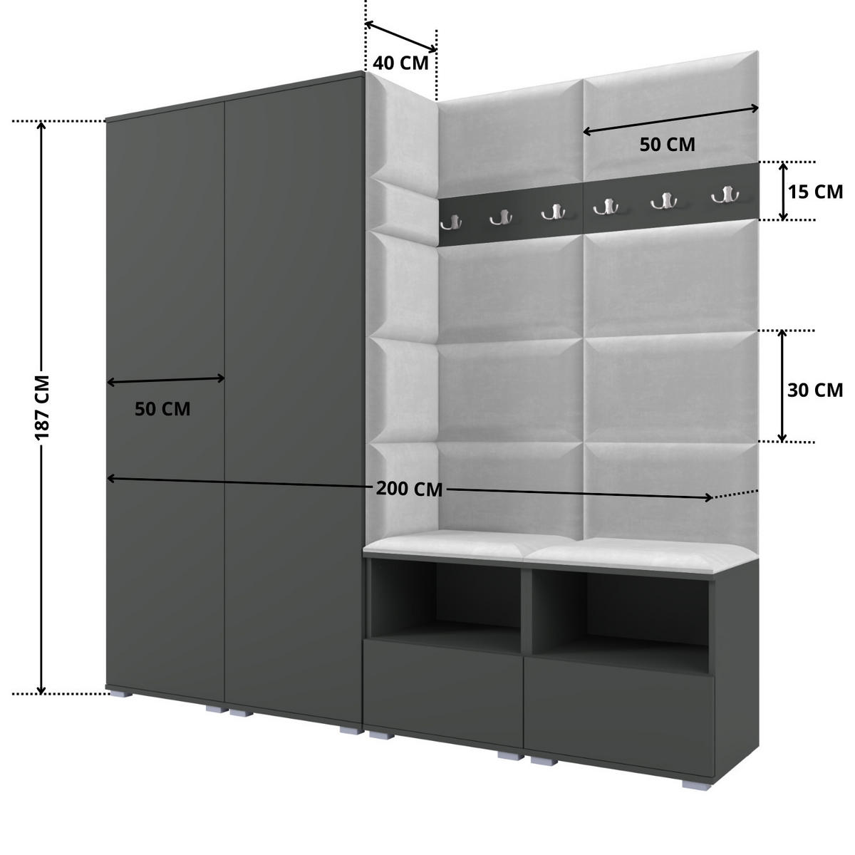 GARDEROBE NELA VI 200 cm (Kompaktgarderobe Graphit mit Sitzpolster Hellgrau 32 Schrank & Paneel) - Silberfarben/Hellgrau, Holz/Holzwerkstoff (200/187/40cm) - Ravio