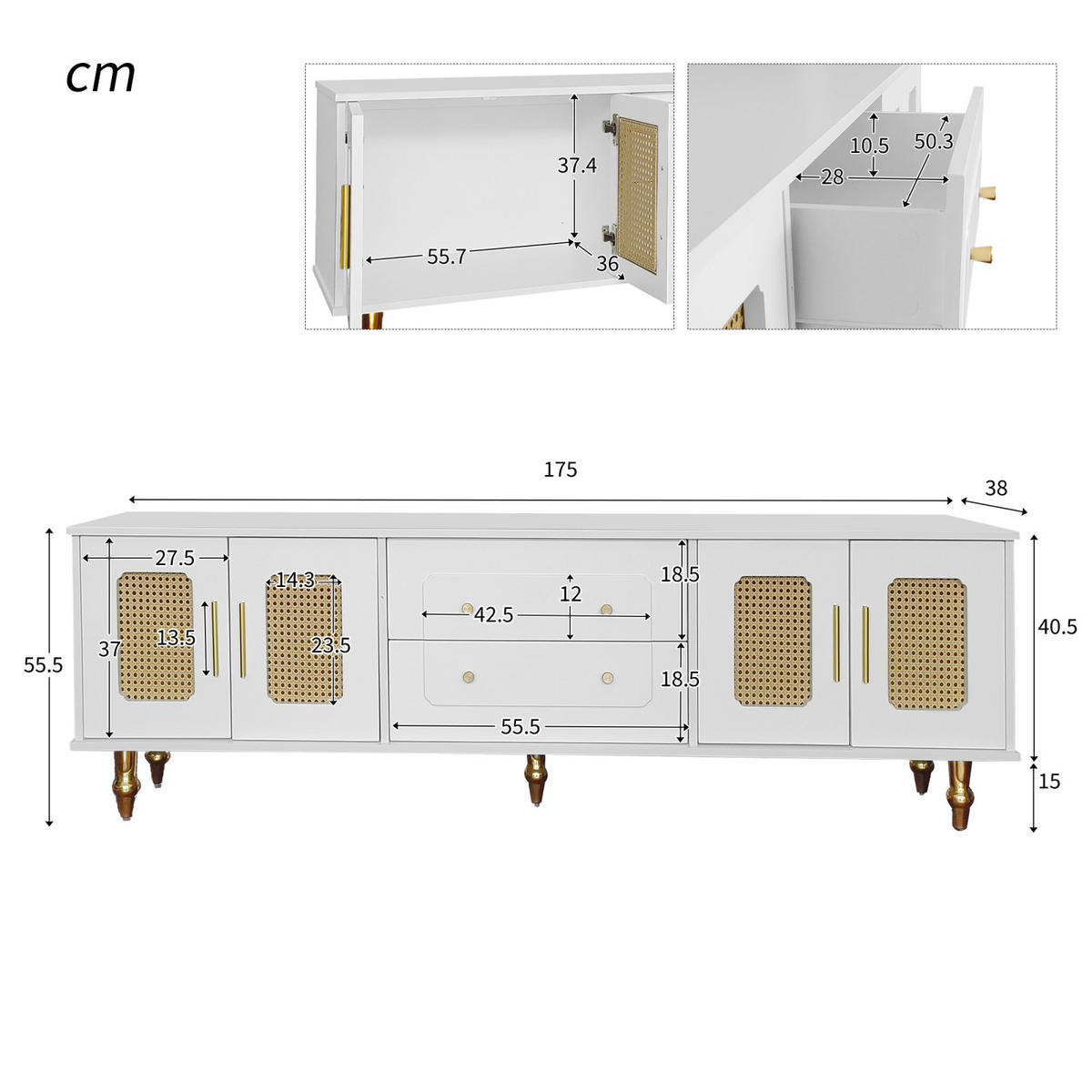 TV-LOWBOARD 175 cm Weiß mit Türen, Goldgriffen und Massivholzbeinen - Weiß, Holz (175/55/38cm) - PARAFTA HOME