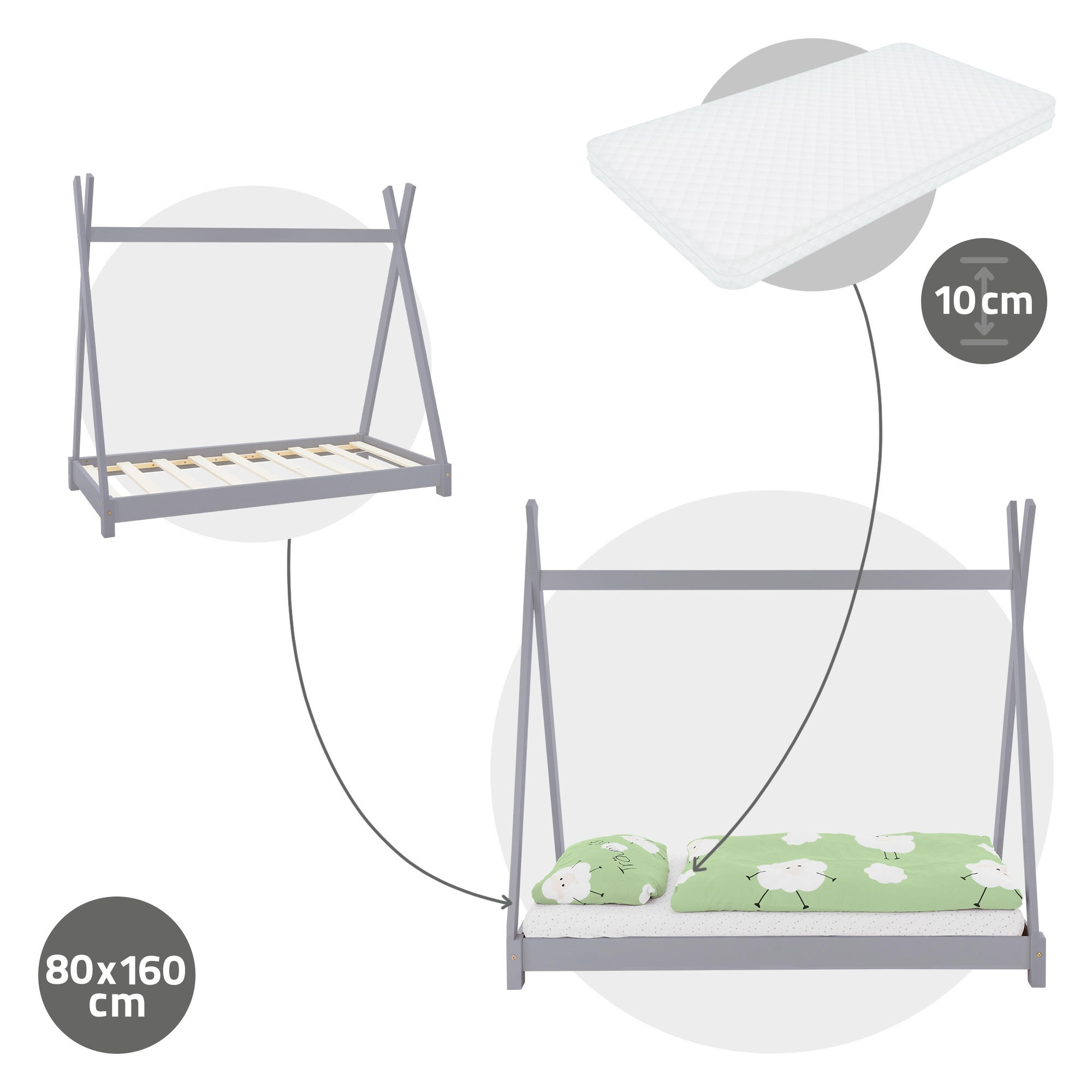 KINDERBETT Tipi mit Matratze 80x160 cm Hellgrau - Hellgrau, Holz (80/160cm) - ML-DESIGN