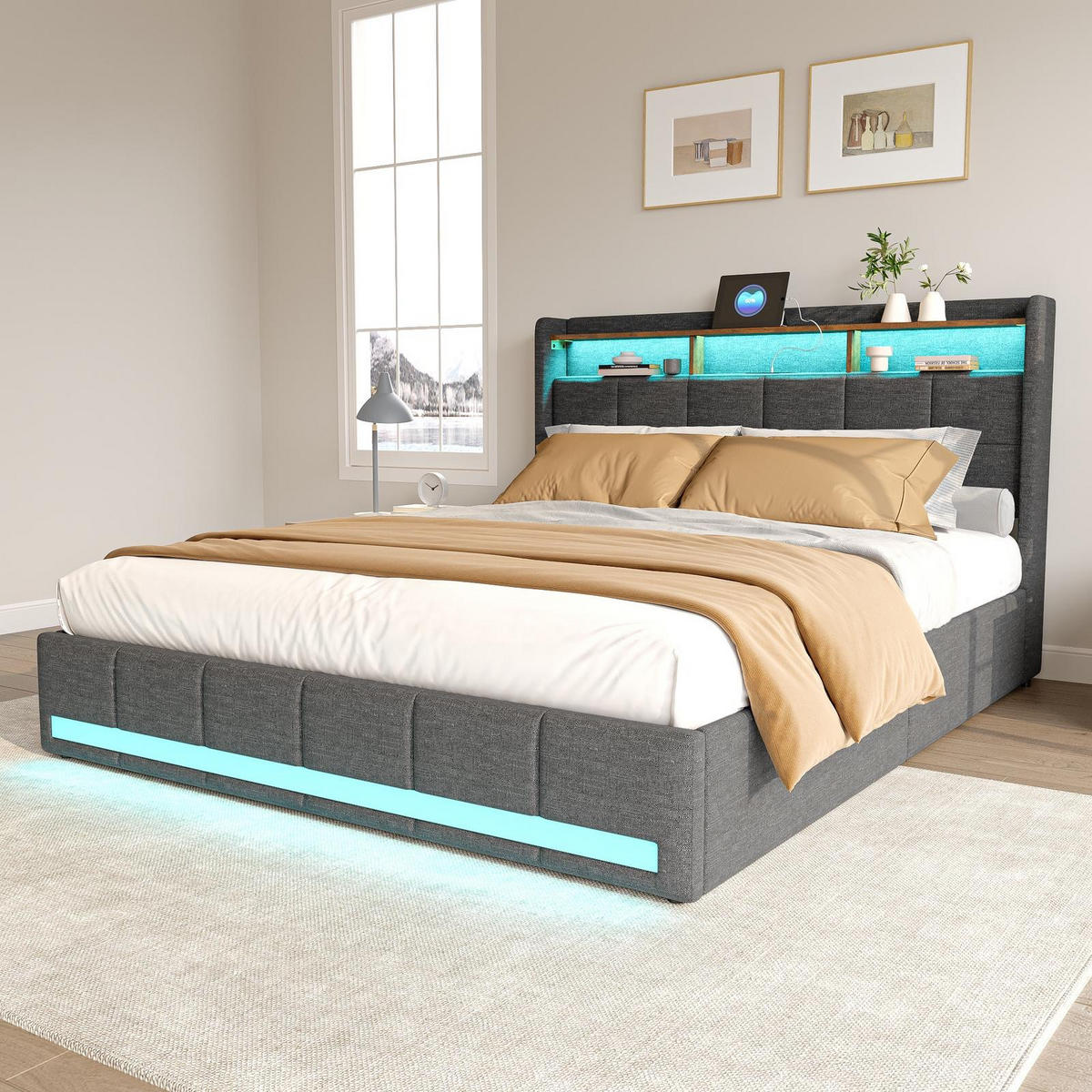 POLSTERBETT 140/200cm, mit 4 Schubladen, LED, USB-Anschluss, aus Leinen, grau - Grau, Textil (140/200cm) - Waldena