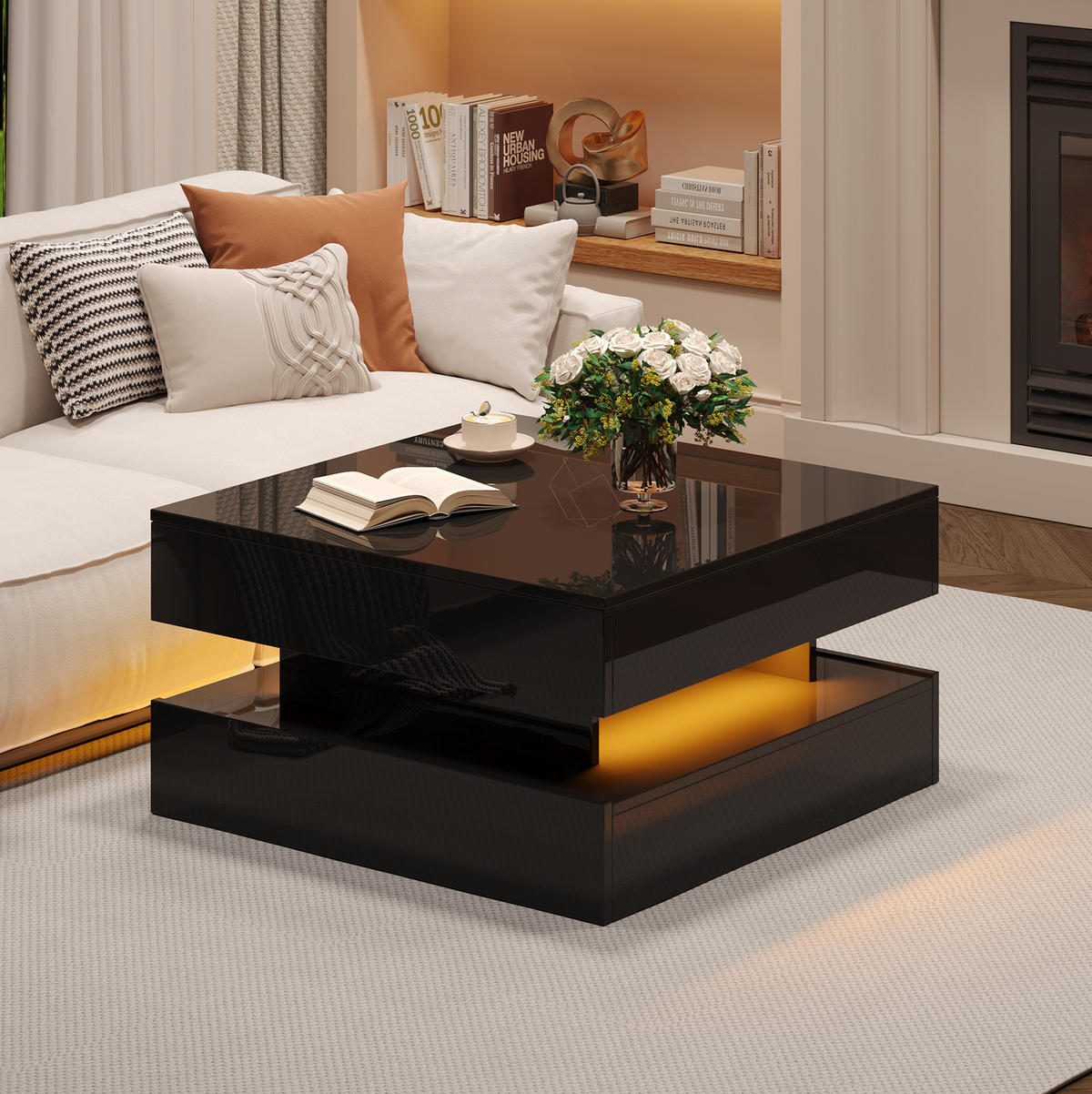 COUCHTISCH aus Spanplatte 65x65x38,5 cm Schwarz mit Hubfunktion, LED-Beleuchtung und 2 Schubladen - Schwarz, Holzwerkstoff (65/65/38.5cm) - IVMEU