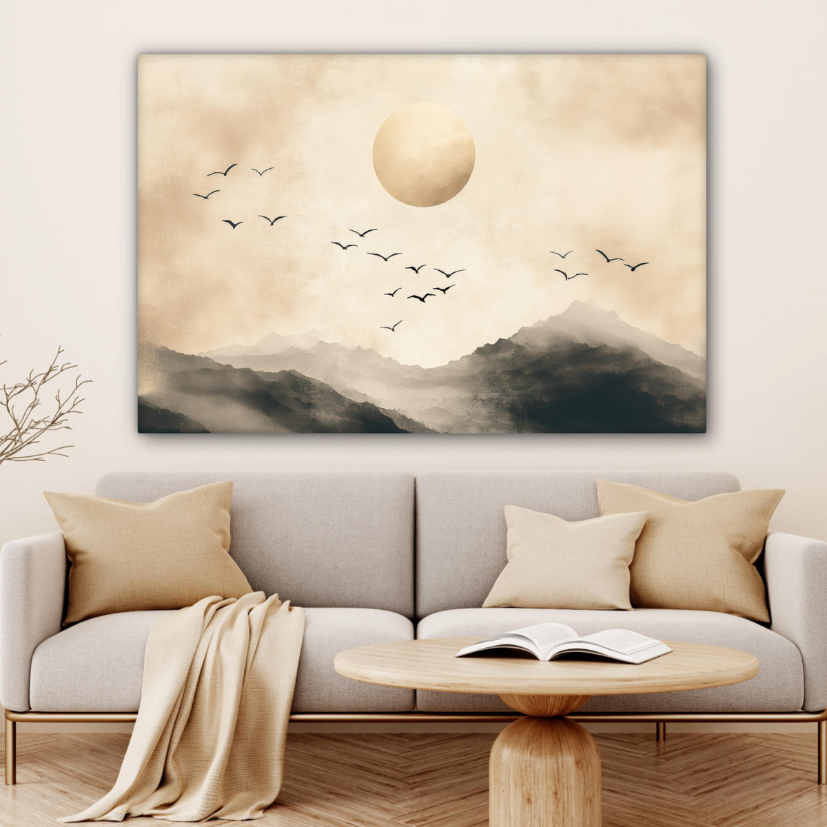 LEINWANDBILD Landschaft - Japandi - Vogel Groß 140x90 cm - Beige, Textil (140/90cm) - MuchoWow