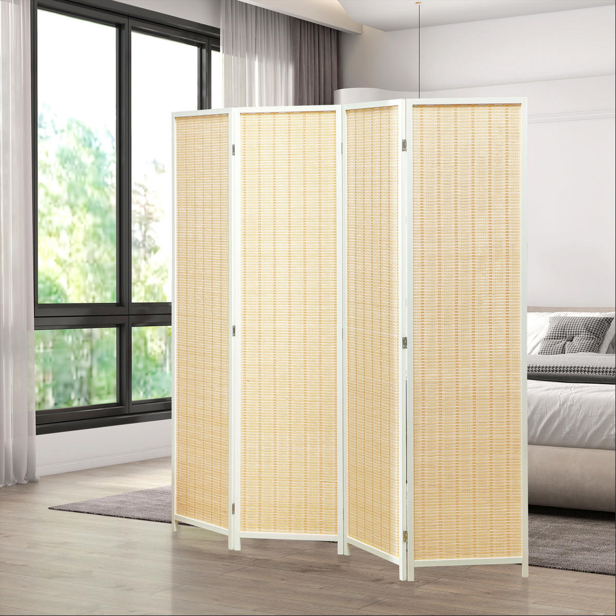 PARAVENT DE-14278 4-teilig, 180x180 cm, Faltbar Naturholz - Weiß, Naturmaterialen (180/180/1.7cm) - ComfortXL