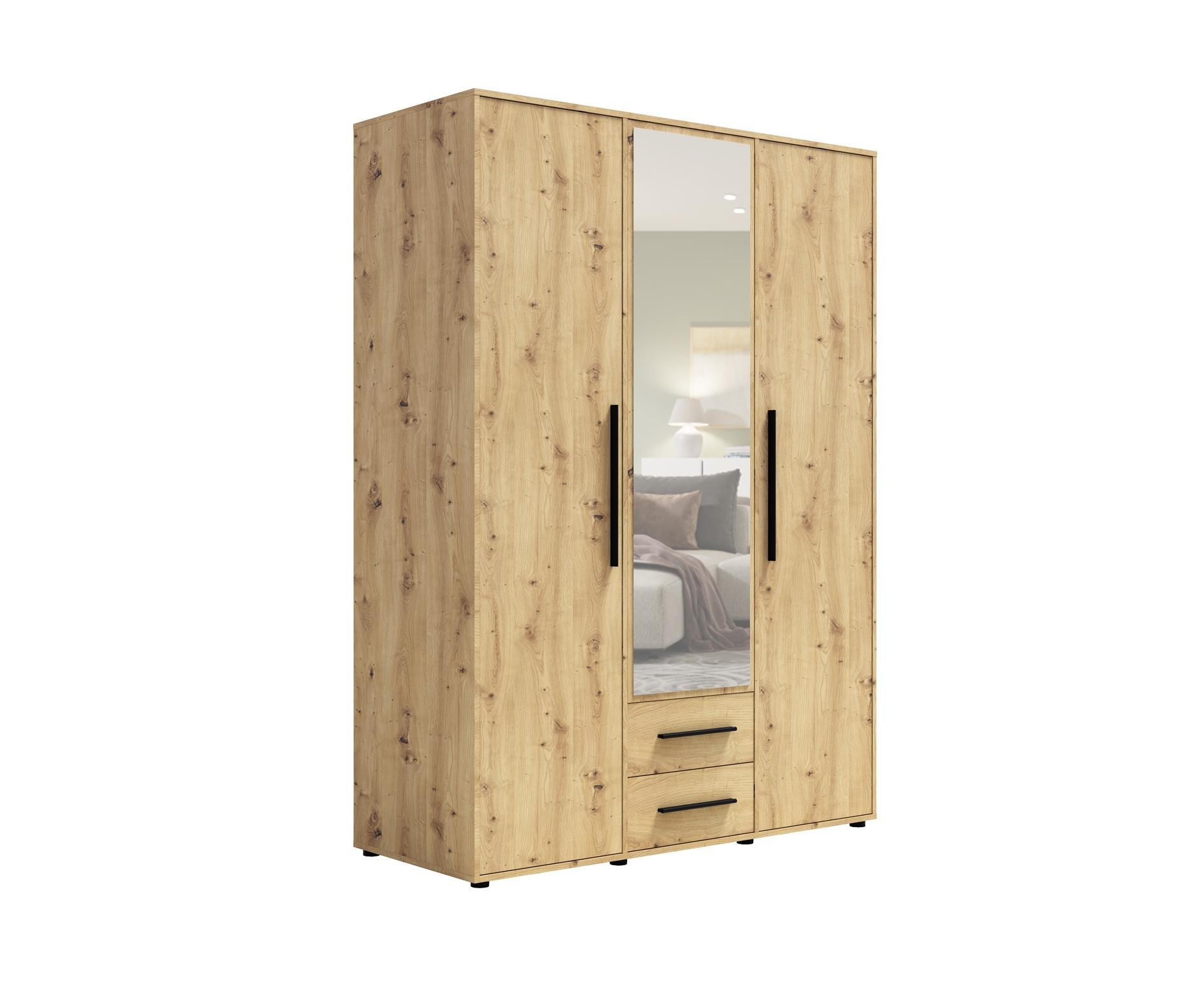 KLEIDERSCHRANK Maxivo Artisan Eiche, dreitüriger Kippschrank mit Schubladen und Spiegel, Erweiterung - Schwarz/Eiche Artisan, Holzwerkstoff (150/248/59cm) - Bettso