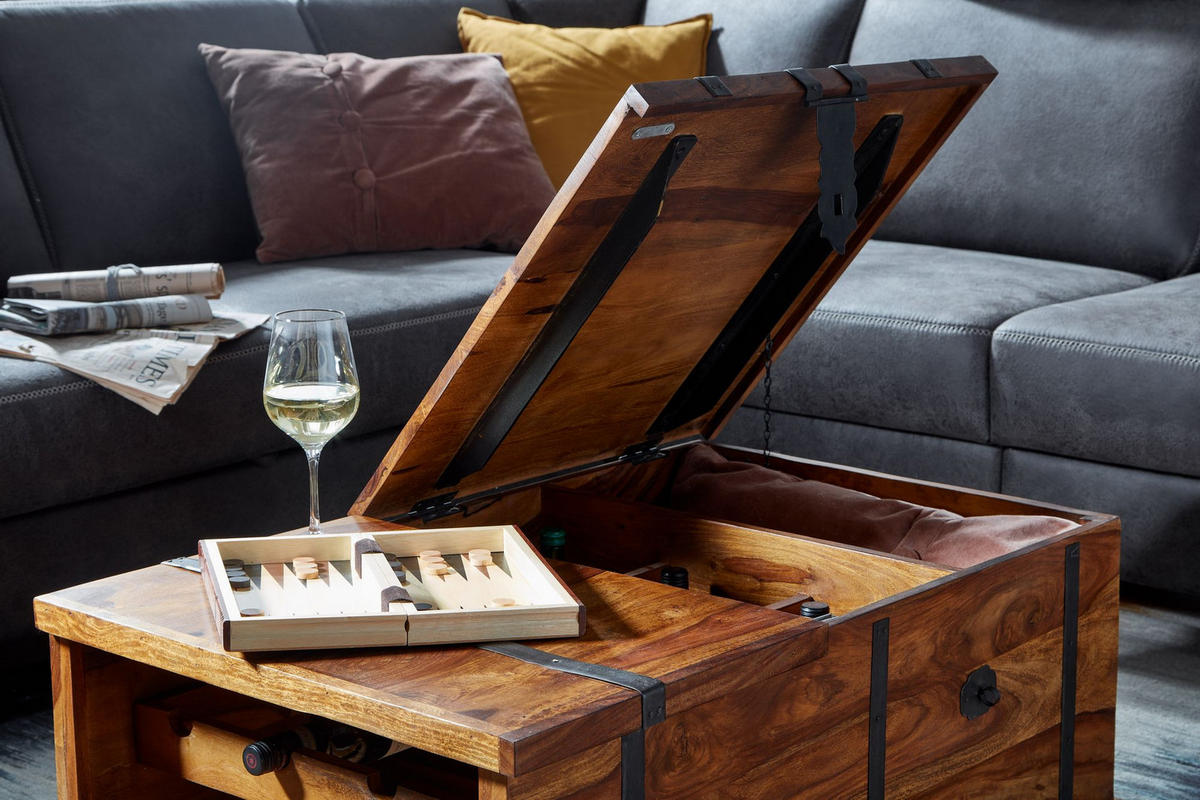 COUCHTISCH Massivholz mit integriertem Weinregal und Stauraum 100x60x40cm - Braun, Holz (100/40/60cm) - KADIMA DESIGN