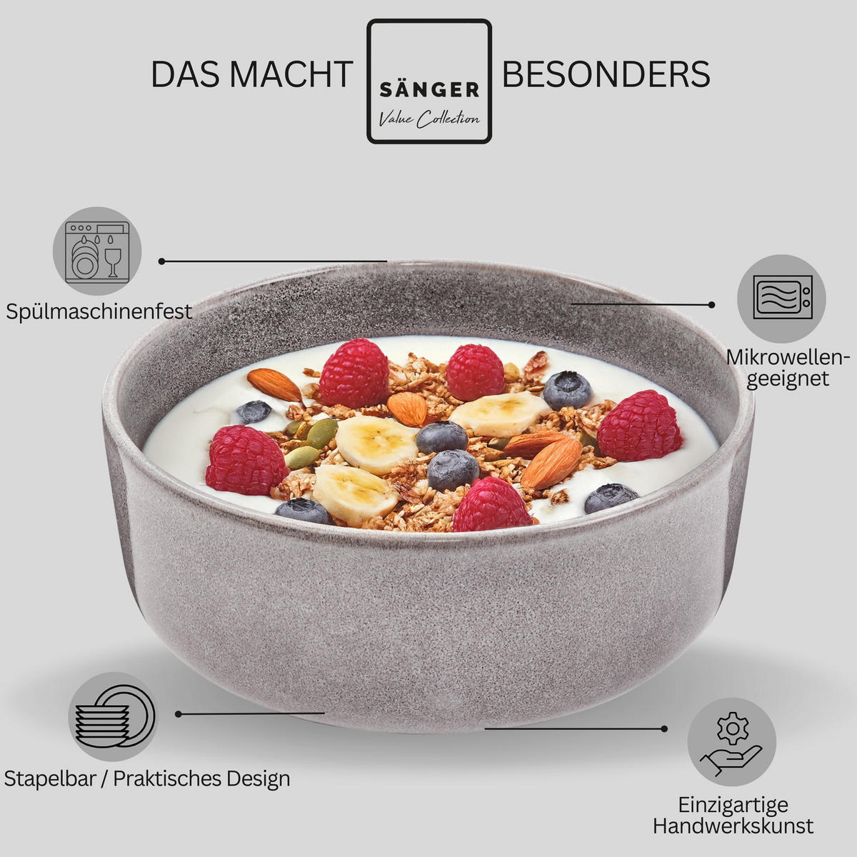 SCHALEN SET KAIRO MONDGRAU - 6 teilig aus Steingut - Dunkelgrau, Keramik (38.5cm) - Sänger
