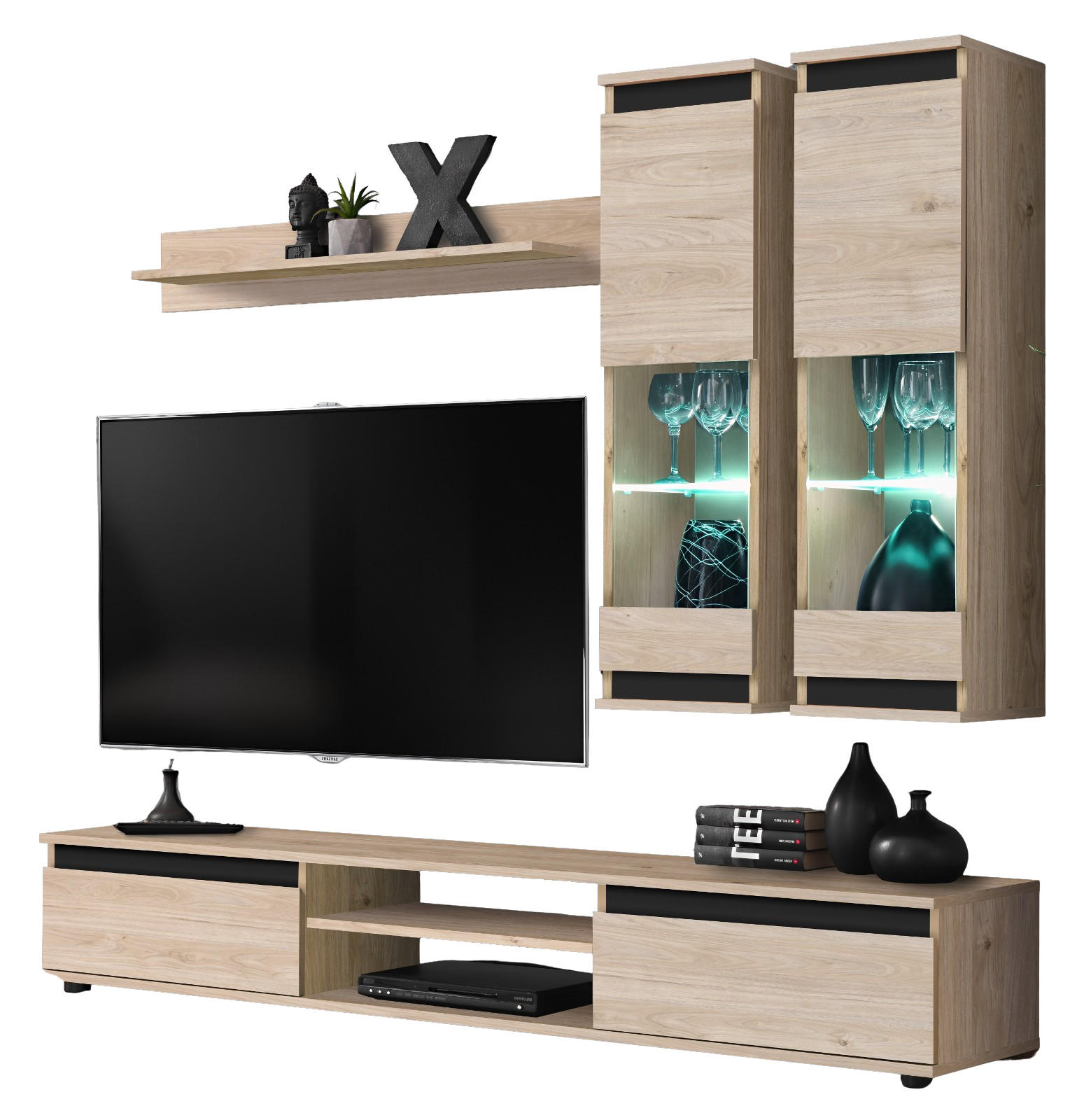 WOHNWAND Eiche Hickory, schwarz 4-teilig 175 cm, Schrankwand mit LED-Beleuchtung - Eichefarben/Schwarz, Glas/Holzwerkstoff (175/150/37cm) - Inn.Furn