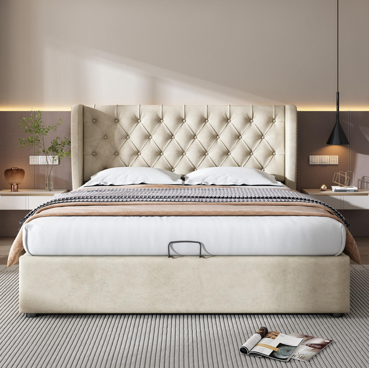 POLSTERBETT 140/190 cm mit hydraulischem Bettkasten, Lattenrost und Kopfteil in Ohrenform aus Samt, Beige - Beige, Textil (140/190cm) - Redom
