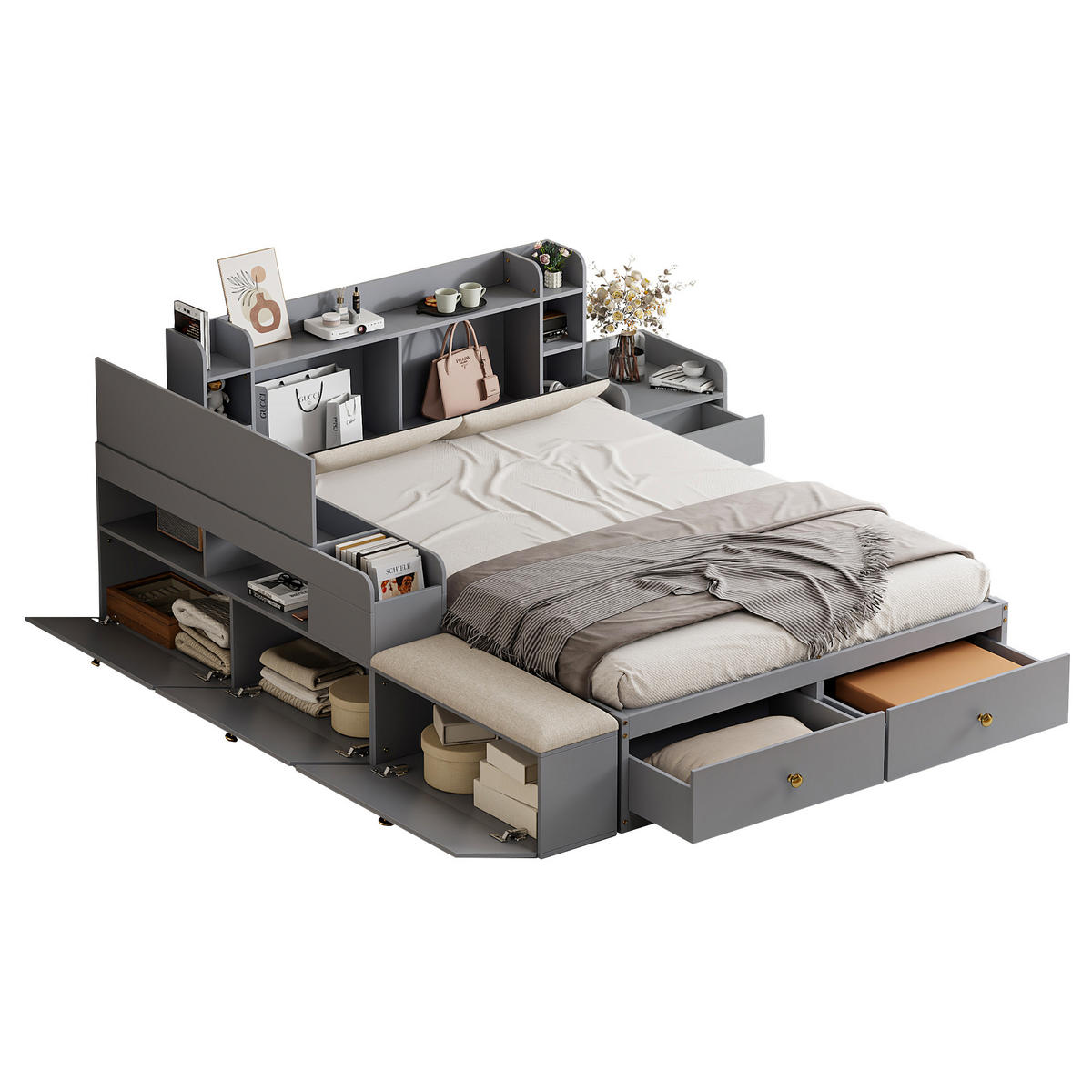 KOMBIBETT Massivholz 140/200 cm grau mit gepolstertem Kopfteil und Stauraum - Grau, Holz (140/200cm) - OKWISH