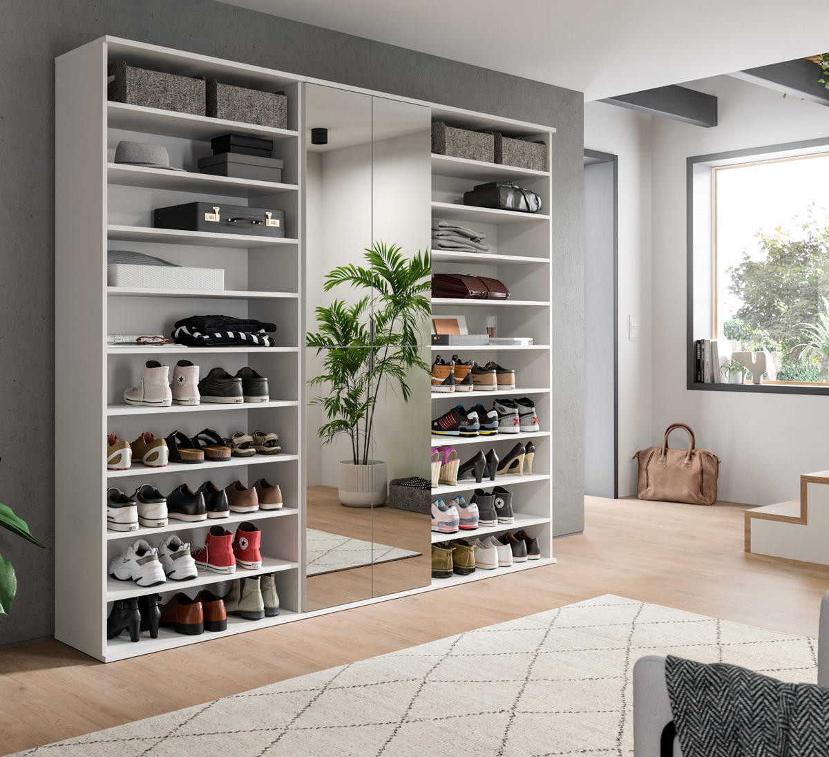 GARDEROBENSCHRANK weiß 221 cm, Schuhschrank XXL mit 29 Fächern - Chromfarben/Weiß Hochglanz, Glas/Holzwerkstoff (221/193/34cm) - Inn.Furn