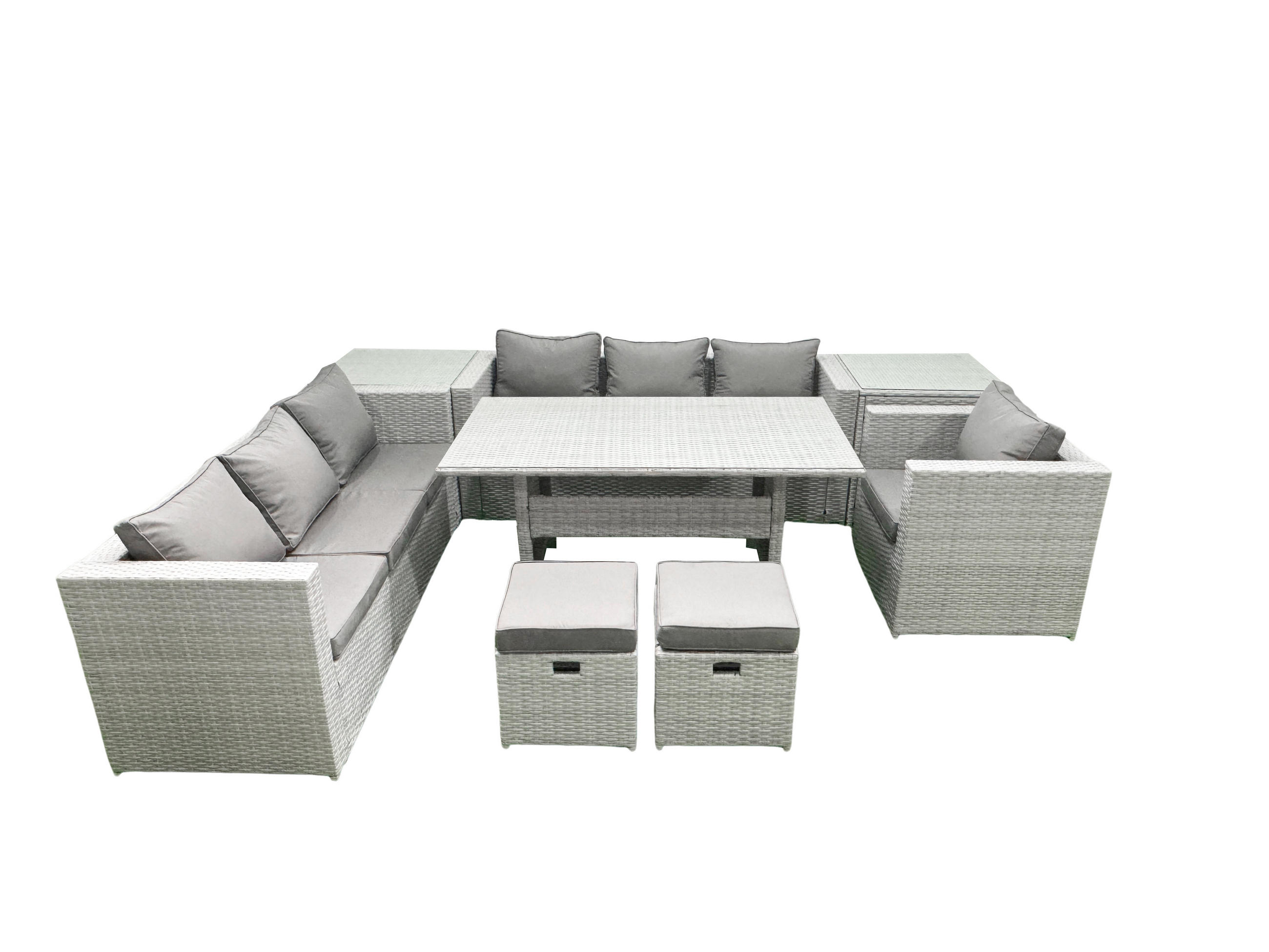 GARTENMÖBEL SET mit 3-Sitzer-Sofa und Sessel, Esstisch,2 Hockern,2 Beistelltischen Polyrattan Hellgrau 9-Sitzer - Hellgrau/Grau, Glas/Kunststoff - Fimous