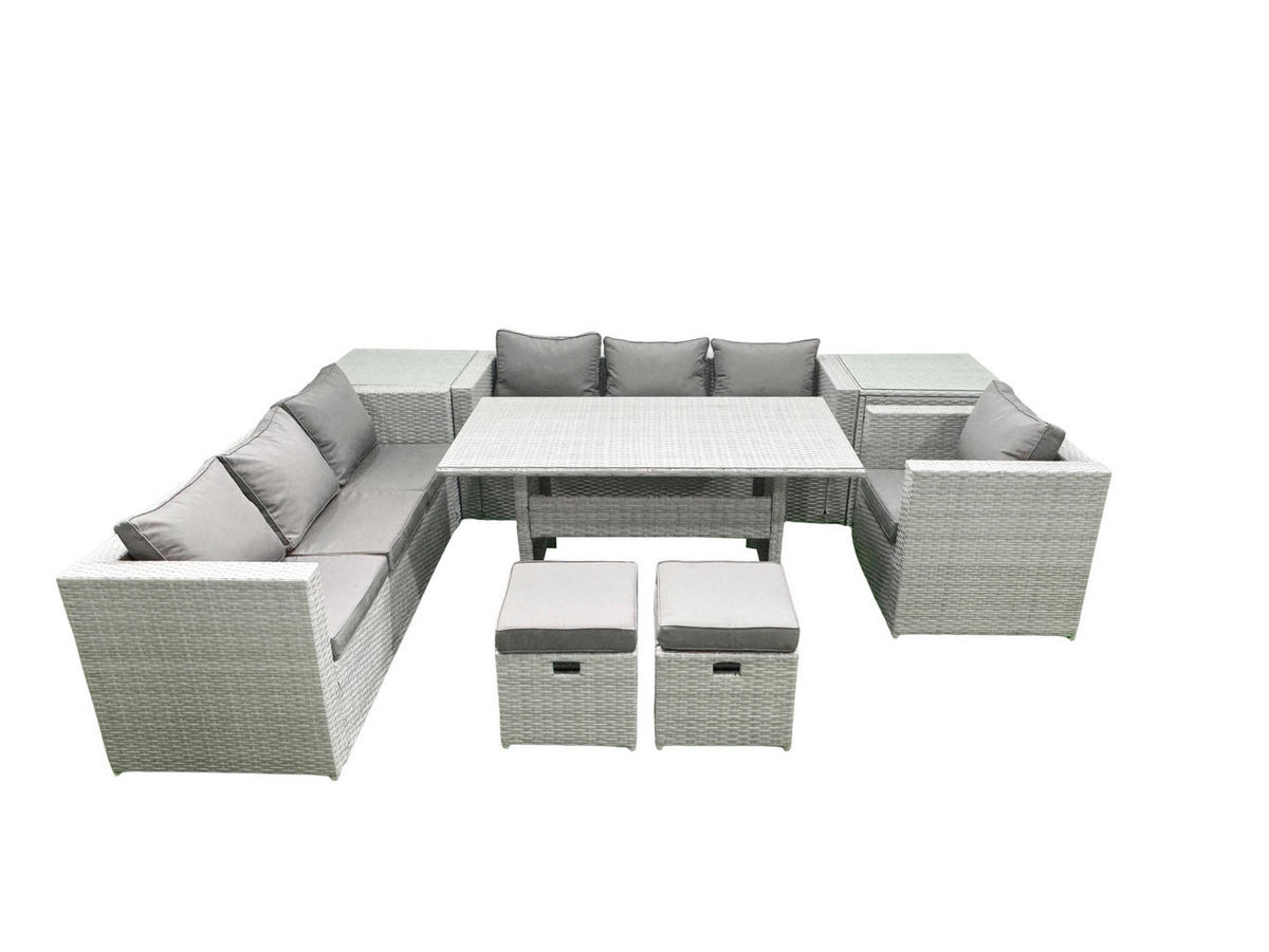 GARTENMÖBEL SET mit 3-Sitzer-Sofa und Sessel, Esstisch,2 Hockern,2 Beistelltischen Polyrattan Hellgrau 9-Sitzer - Hellgrau/Grau, Glas/Kunststoff - Fimous