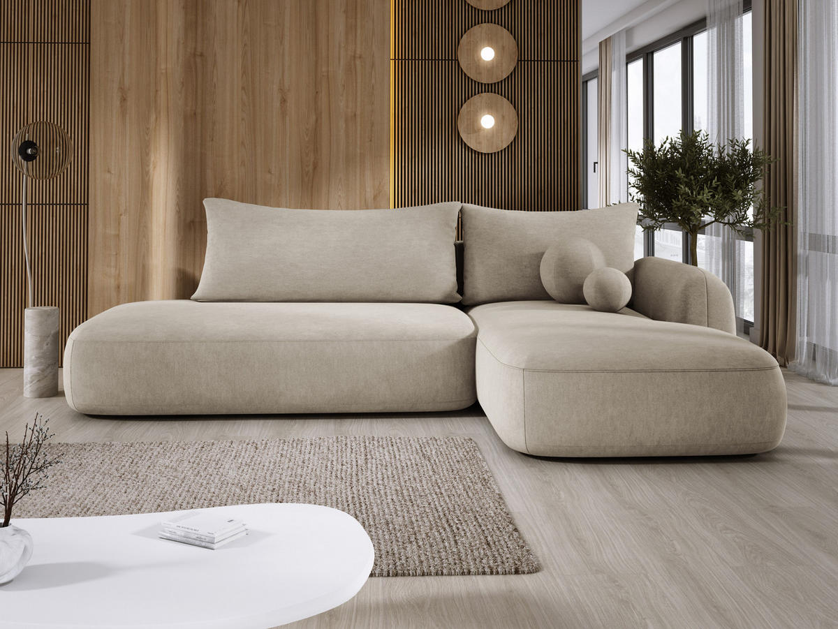 ECKSOFA BABU mit Bettfunktion – Moderne Polsterecke für Wohnzimmer, Funktionales Schlafsofa im Stoff CLOUD, 300x105x60 cm, Rechte, – Beige - Ecru, Holz/Textil (300/190cm) - DomoHome