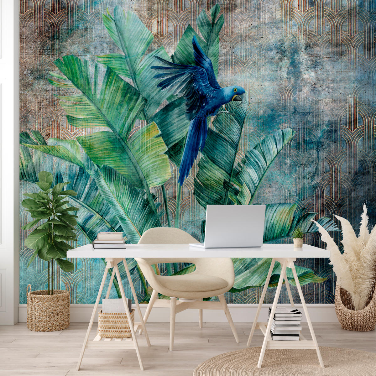 FOTOTAPETA Pre Obývaciu Izbu Retro Papagáj Tropické Listy 250 x 175 cm - hnedá/modrá, papier (250/175cm) - Muralo