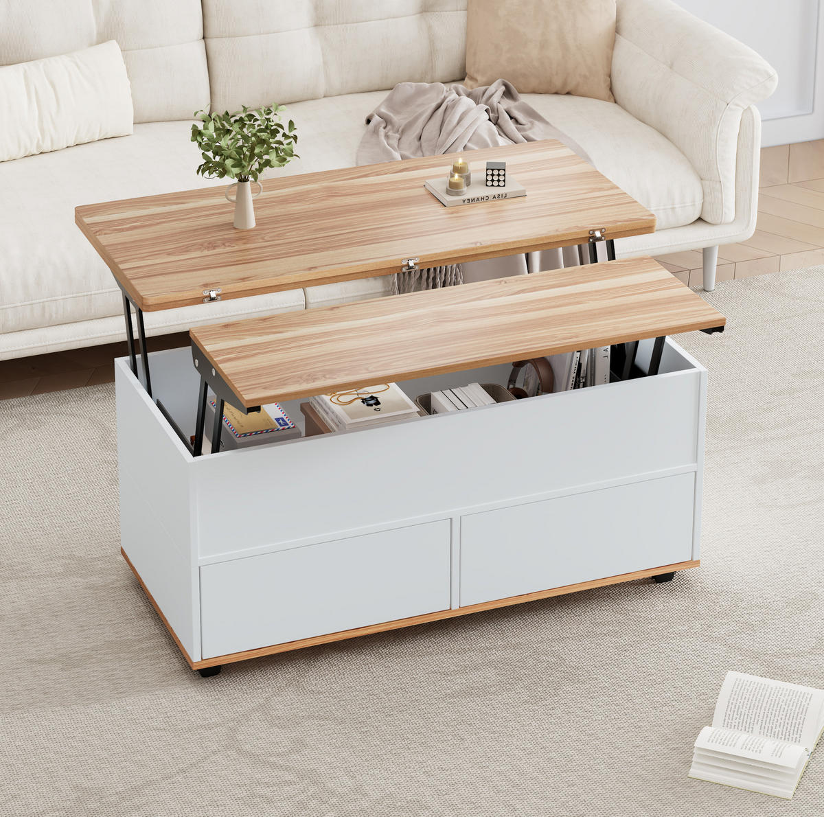 COUCHTISCH 100/98/65 cm höhenverstellbar mit hydraulischen Tischplatten, Stauraum und Rollen, Spanplatte, Weiß/Naturholz - Weiß, Holzwerkstoff (100/98/65cm) - Redom