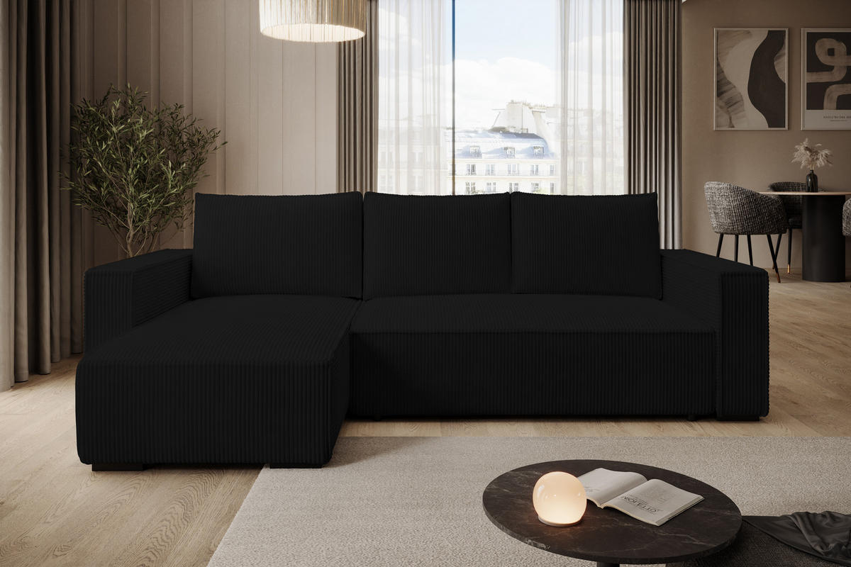 ECKSOFA CUDDY L, Eckcouch in L-Form mit Schlaffunktion und Bettkasten, Farbe: Schwarz, Cordstoff, Ottomane Links - Schwarz, Textil (240/140cm) - Storez24