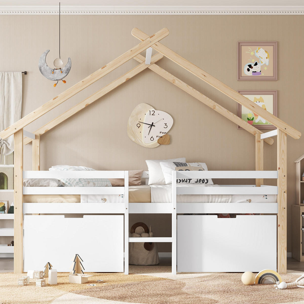 KINDERBETT 90/200 cm mit Hausdach, Treppe, 2 Schließfächern und Rundum-Absturzsicherung, Weiß/Natur - Weiß, Holzwerkstoff (90/200cm) - Redom