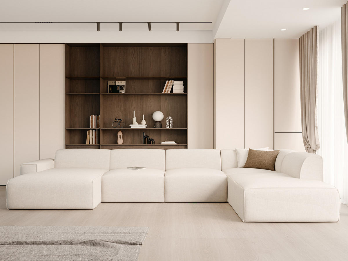 WOHNLANDSCHAFT DOVE Chenille-Stoff in Beige - Beige, Holzwerkstoff/Kunststoff (300/85/90cm) - Idohome