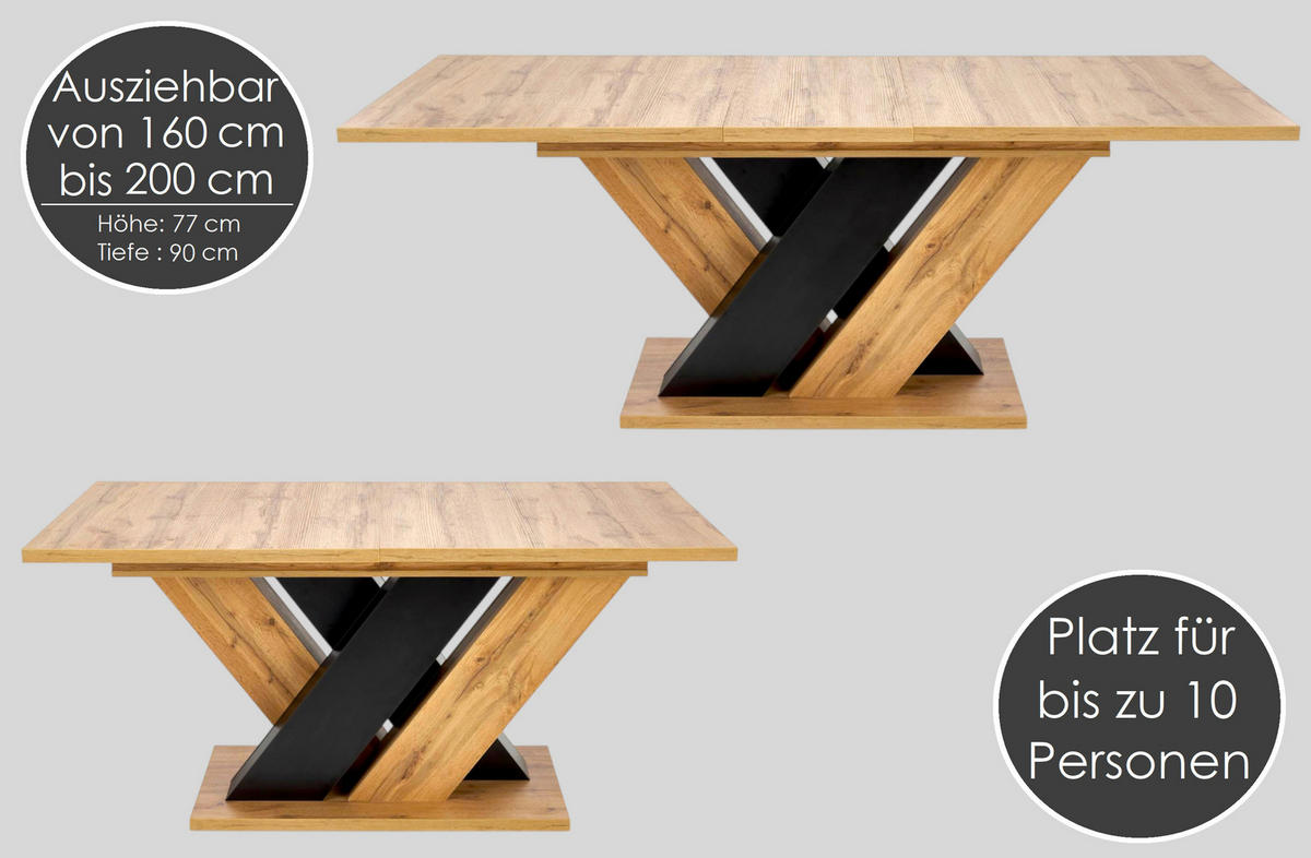 ESSTISCH rechteckig Eiche Artisan Schwarz ausziehbar - Schwarz/Eiche Artisan, Holzwerkstoff (90/160/76cm) - designimpex