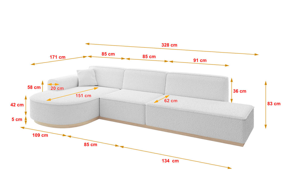 ECKSOFA Ottomane Links ARRIO-L2 - 328x171x83 cm Weiß - Weiß, Holzwerkstoff/Textil (328/171cm) - ALTDECOR