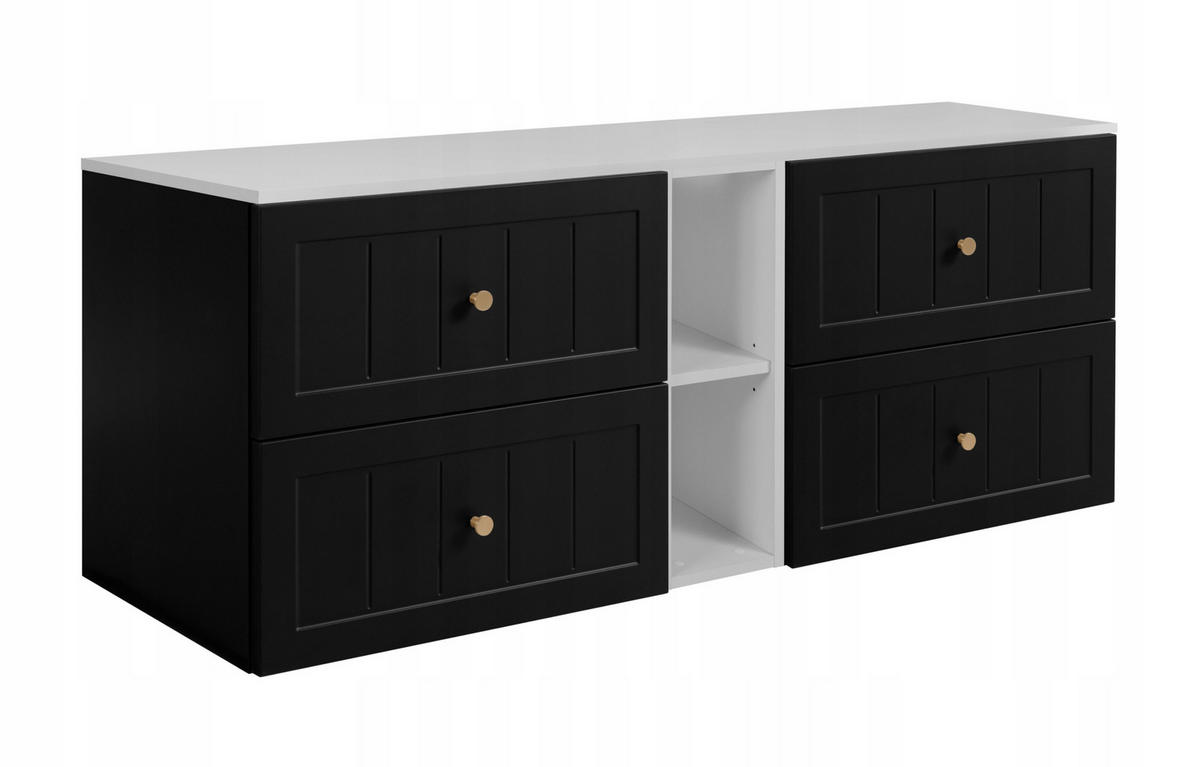 WASCHBECKUNTERSCHRANK GUSTO 140 cm mit Arbeitsplatte Farbe: Mattweiß mit einem Regal Matt schwarz - Schwarz/Weiß, Holzwerkstoff (140/58/46cm) - Rodan