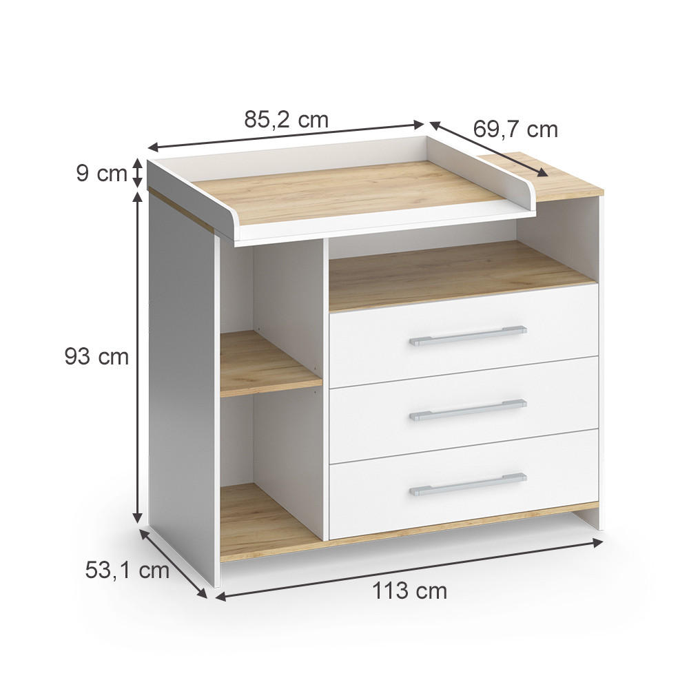 WICKELKOMMODE Oskar Weiß/Goldkraft Eiche 113 x 93 cm mit 3 Schubladen - Eiche Wotan/Weiß, Holzwerkstoff (113/93/53.1cm) - Vicco