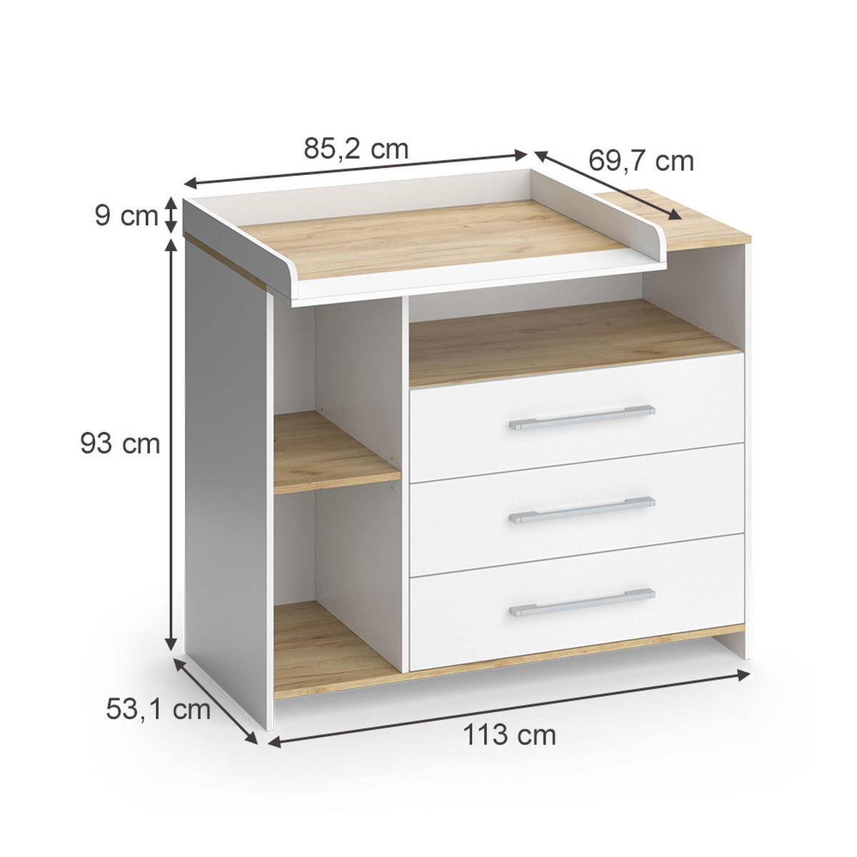 WICKELKOMMODE Oskar Weiß/Goldkraft Eiche 113 x 93 cm mit 3 Schubladen - Eiche Wotan/Weiß, Holzwerkstoff (113/93/53.1cm) - Vicco