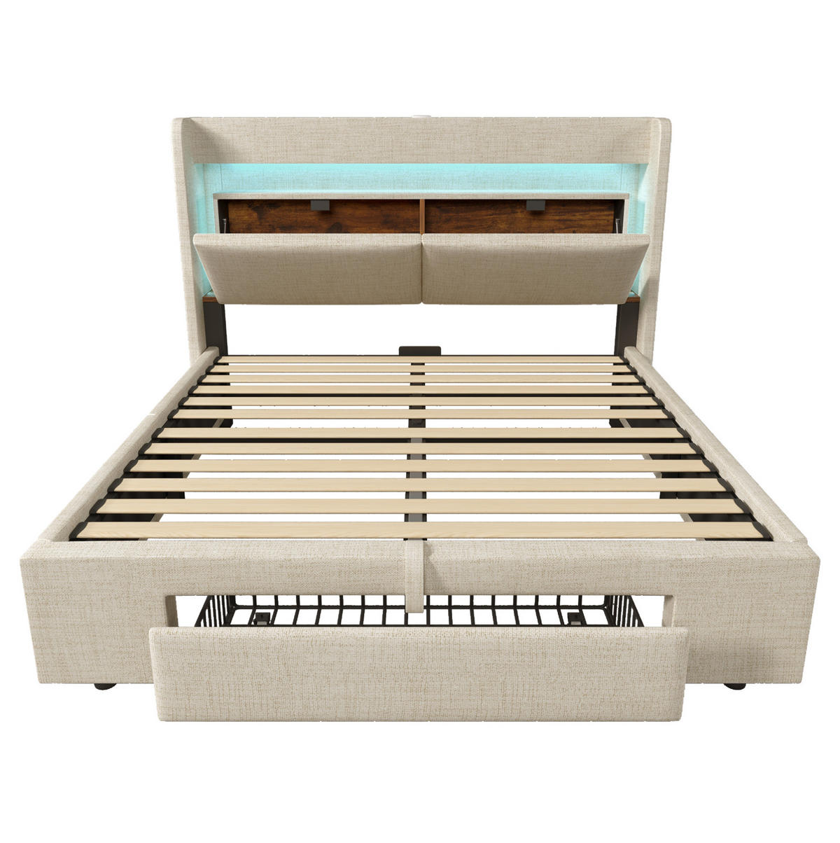 POLSTERBETT aus Leinen 140x200 cm Beige mit Bettkasten, LED-Beleuchtung, USB/USB-C und Matratze - Beige, Textil (140/200cm) - IVMEU