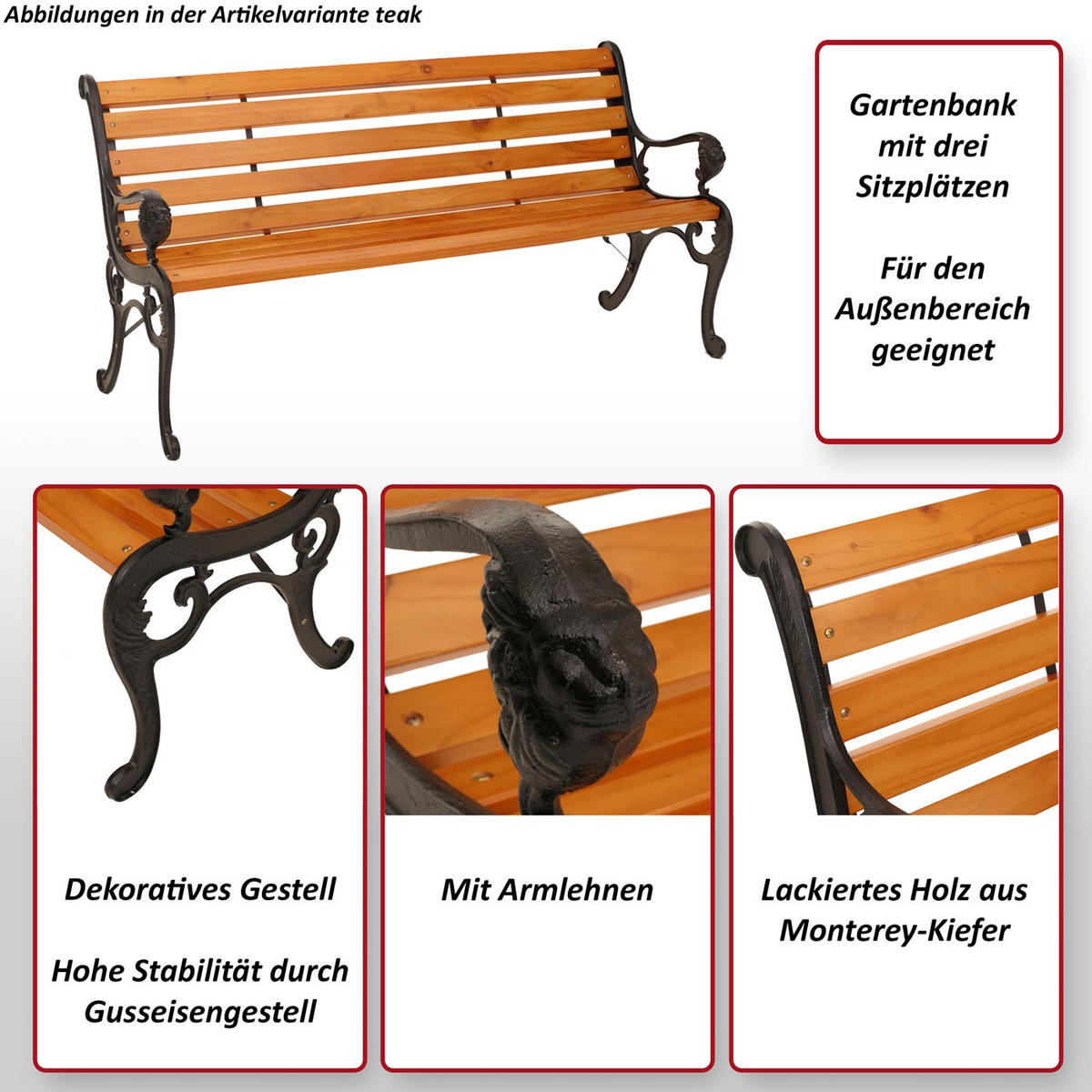 GARTENBANK Schwarz, Teak Dekor - Schwarz/Teakfarben, Holz (164/78/35cm) - MCW