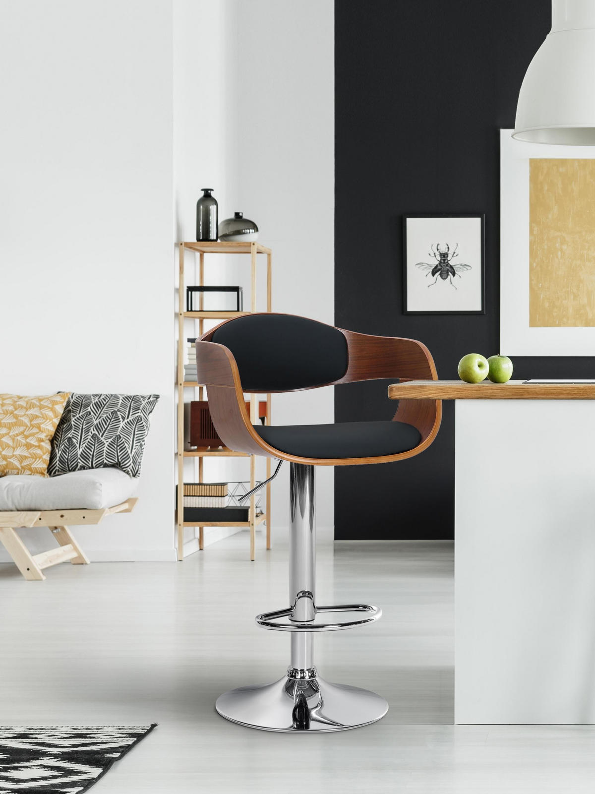 BARHOCKER Kingston 88-102 cm walnuss/schwarz - Schwarz, Leder (50/88/48cm) - furnicato