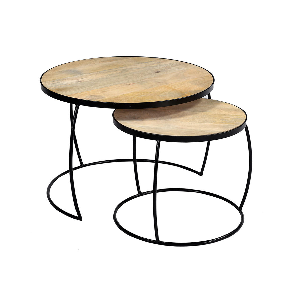COUCHTISCH Verschachtelt Massiv Mangoholz Metall BARREL - Dunkelbraun, Holz (65/65/45cm) - Miliboo