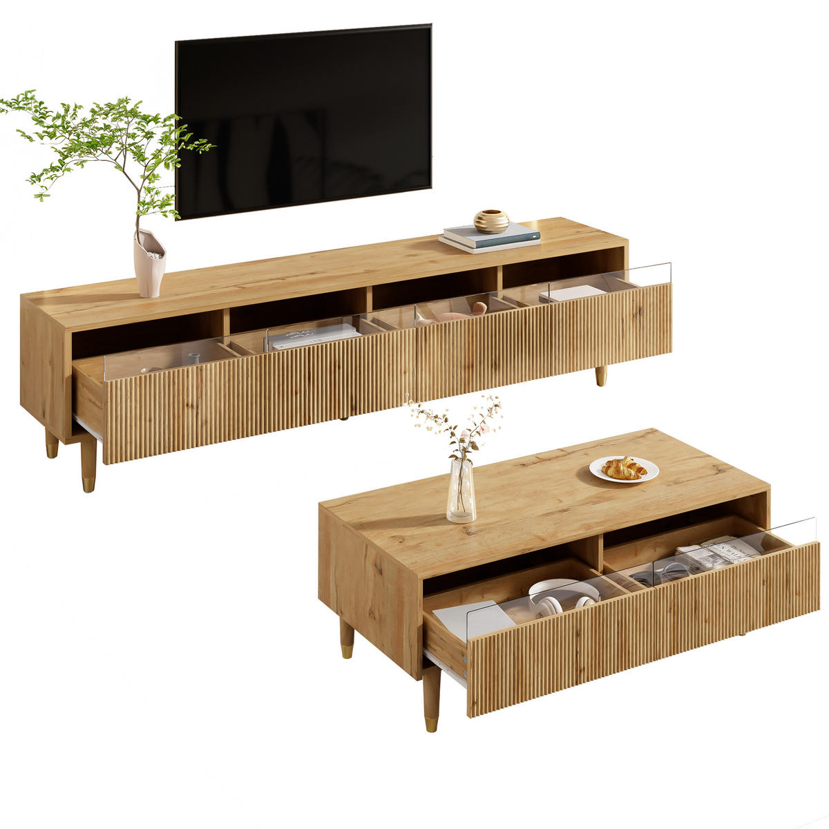 TV-ELEMENT mit Couchtisch - Kombination 2er-Set mit LED-Beleuchtung 4-türig Holzfarben-Gold - Naturfarben, Holzwerkstoff (178/45/35cm) - OKWISH