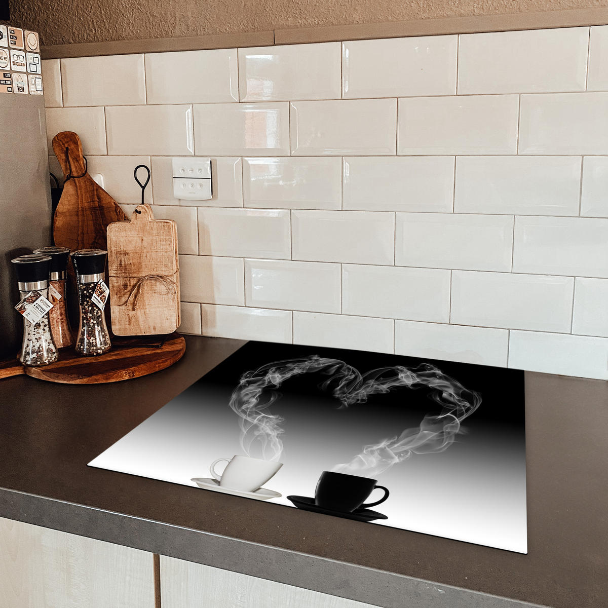 HERDABDECKPLATTE Kaffee - Herz - Schwarz und weiß - Tassen 57x51 cm - Weiß, Kunststoff (57.6/0.2/51.6cm) - MuchoWow