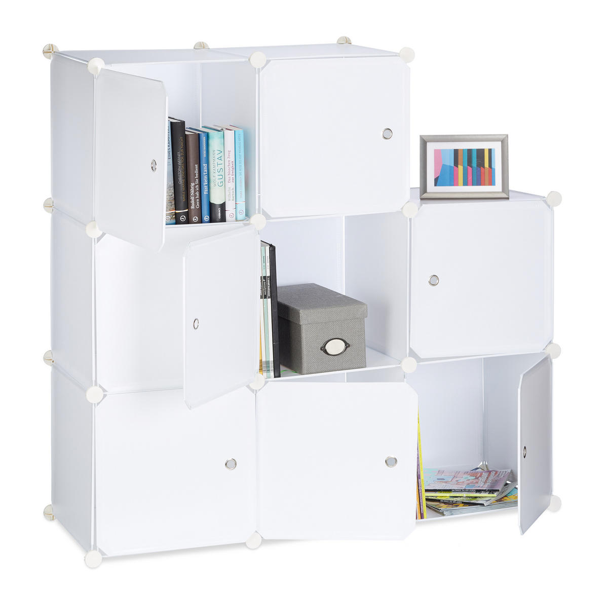 REGALSYSTEM Weiß 9 Fächer mit Türen 95,5 cm - Weiß, Kunststoff/Metall (95.5/95.5/32cm) - Relaxdays